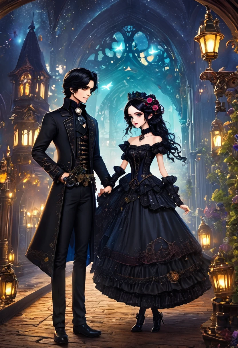 (a heterosexual couple: 1.5, dark style, big eyes, small parts, fluffy black hair), (dark Gothic, Victorian steampunk gothic style), dark, dark setting with skull decorations 32k, fairy tale: 1.4, camera cut: 1.4, ((Dreamlike atmosphere, soft light and magic:1.3)), ((Imaginative scene)),((perfect, meticulously detailed.:1.3)), ((full shot: 1.4)), ((Best quality)) , ((Masterpiece)), 3D, (hyper detailed: 1.3), ((Epic Scenery: 1.3)), ((night background: 1.3 ))), (((the night:1.2))), (photorealistic: 1,4), ((Front camera)),( (Low-light night cinema lighting: 1,2)). 32k.