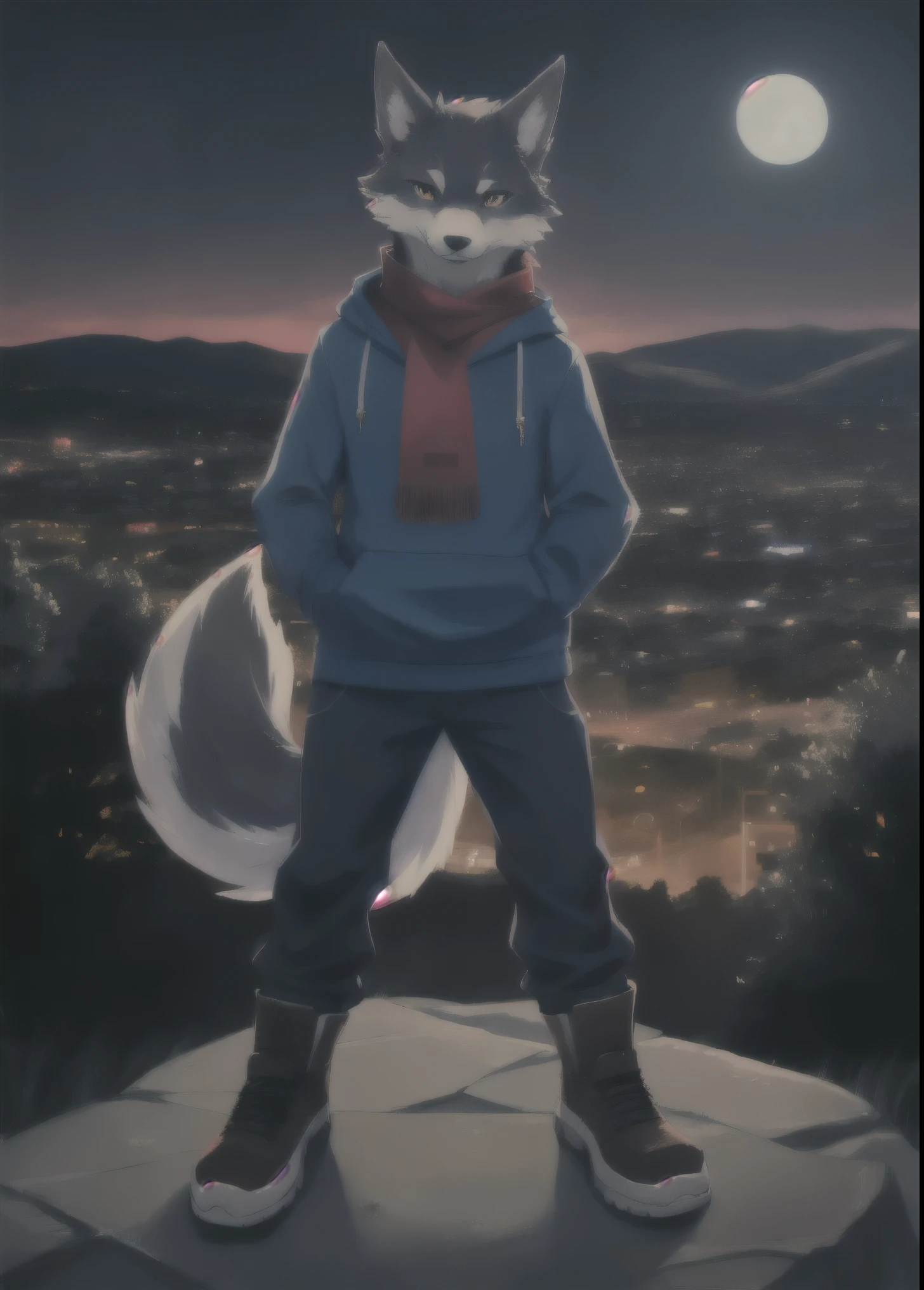 a full body, anthropomorphic wolf wearing a blue hoodie, pants and a red scarf aaround the neck, cute face , posing for a picture in a hill at night with a city in the distance
