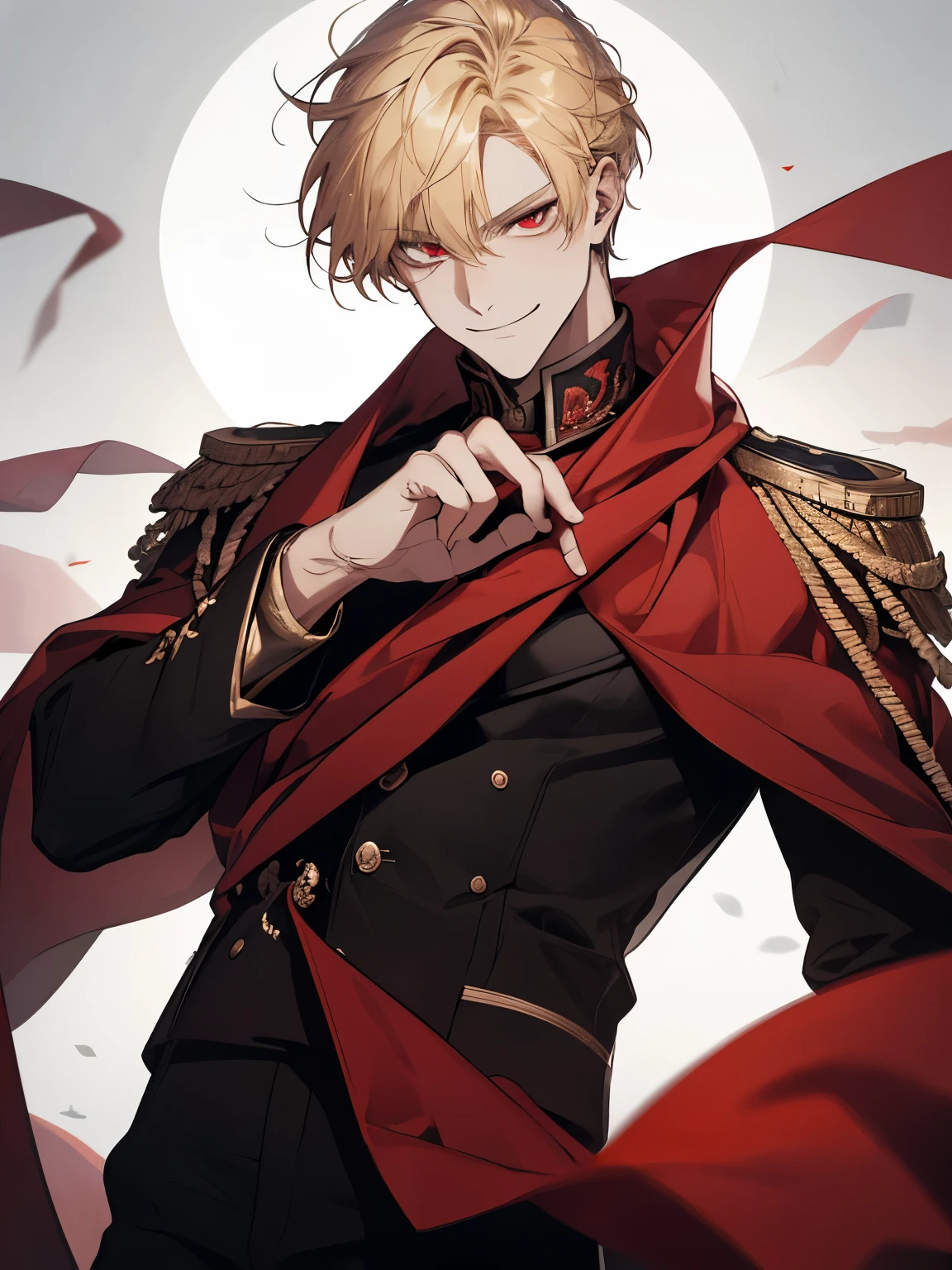 Masterpiece, best quality, highres, finely details, male, blond hair, with bangs, red eyes, Smirk expression, red cloth, black pants.