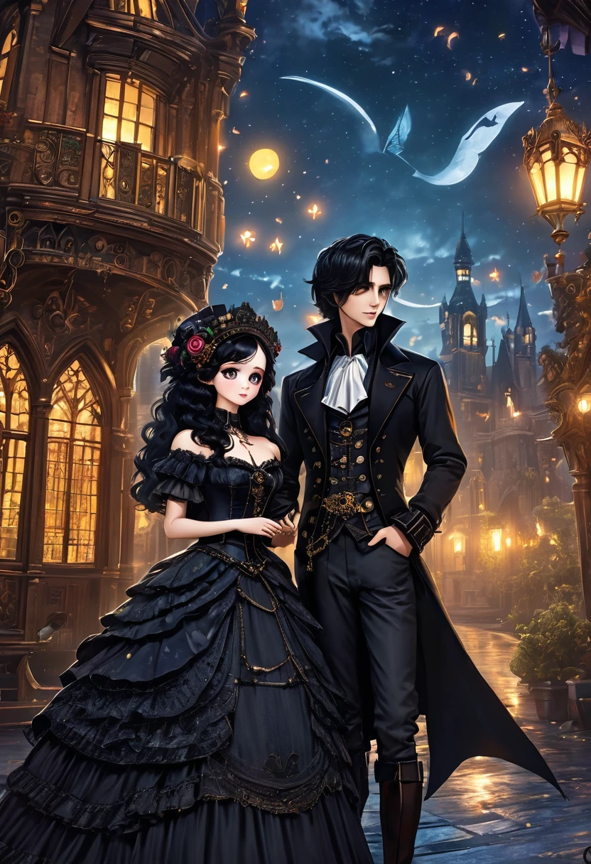 (a heterosexual couple: 1.5, dark style, big eyes, small parts, fluffy black hair), (dark Gothic, Victorian steampunk gothic style), dark, dark setting with skull decorations 32k, fairy tale: 1.4, camera cut: 1.4, ((Dreamlike atmosphere, soft light and magic:1.3)), ((Imaginative scene)),((perfect, meticulously detailed.:1.3)), ((full shot: 1.4)), ((Best quality)) , ((Masterpiece)), 3D, (hyper detailed: 1.3), ((Epic Scenery: 1.3)), ((night background: 1.3 ))), (((the night:1.2))), (photorealistic: 1,4), ((Front camera)),( (Low-light night cinema lighting: 1,2)). 32k.