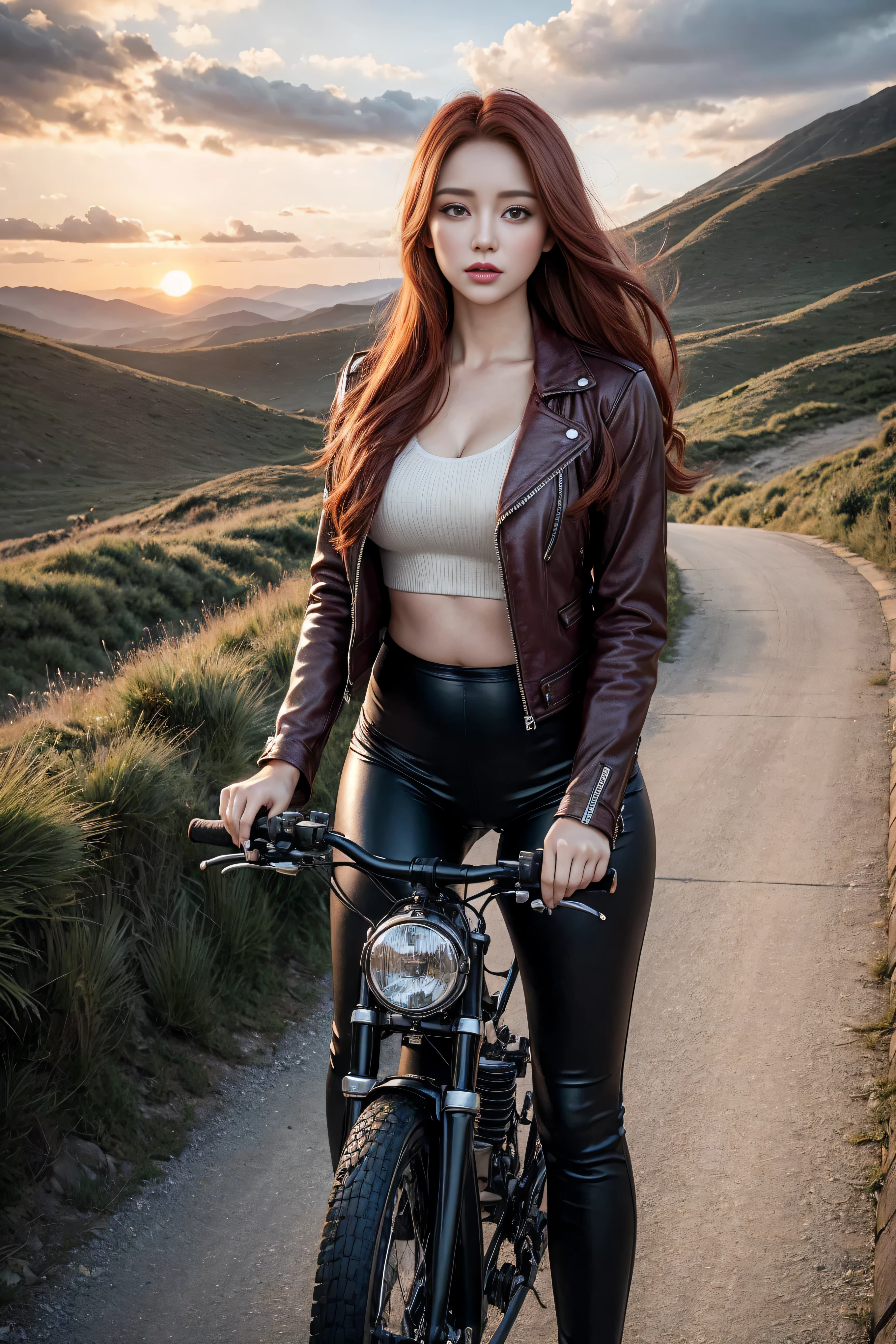 Woman riding classic bicycle,beautiful woman,Long red hair,Full scene shooting,best quality,Sunset,staircase,windy,look up to the sky,beautiful woman,exterior,dark red hair,Natural landscape,rot,leather jacket,Belly button pops out,leggings,Sexy long legs,(Thigh clearance:1.5),(buttocks,wide hips),Highly detailed face and skin textures,exquisite eyes,double eyelids,whole body,2 20-year-old female models,octane rendering,two-tone lighting,Large aperture,Low ISO,white balance,Drive a motorcycle,landscape
