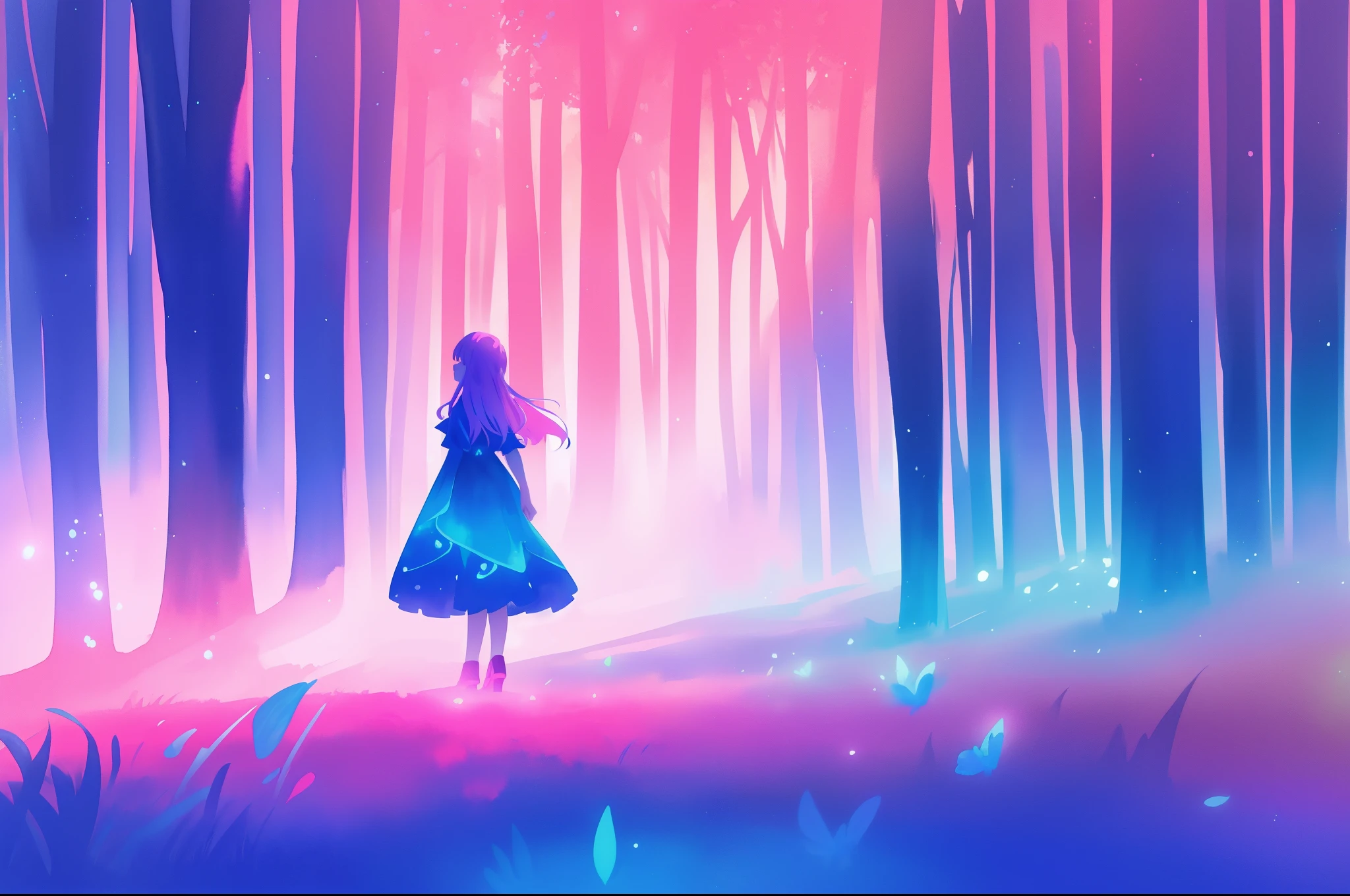 beautiful girl in a gradient blue dress walking through a magical forest, colorful fantasia forest landscape, magical, watercolor illustration, disney art style, glowing aura around her, glowing lights, beautiful digital illustration, fantasia otherworldly landscape plants flowers, beautiful, masterpiece, best quality, anime disney style