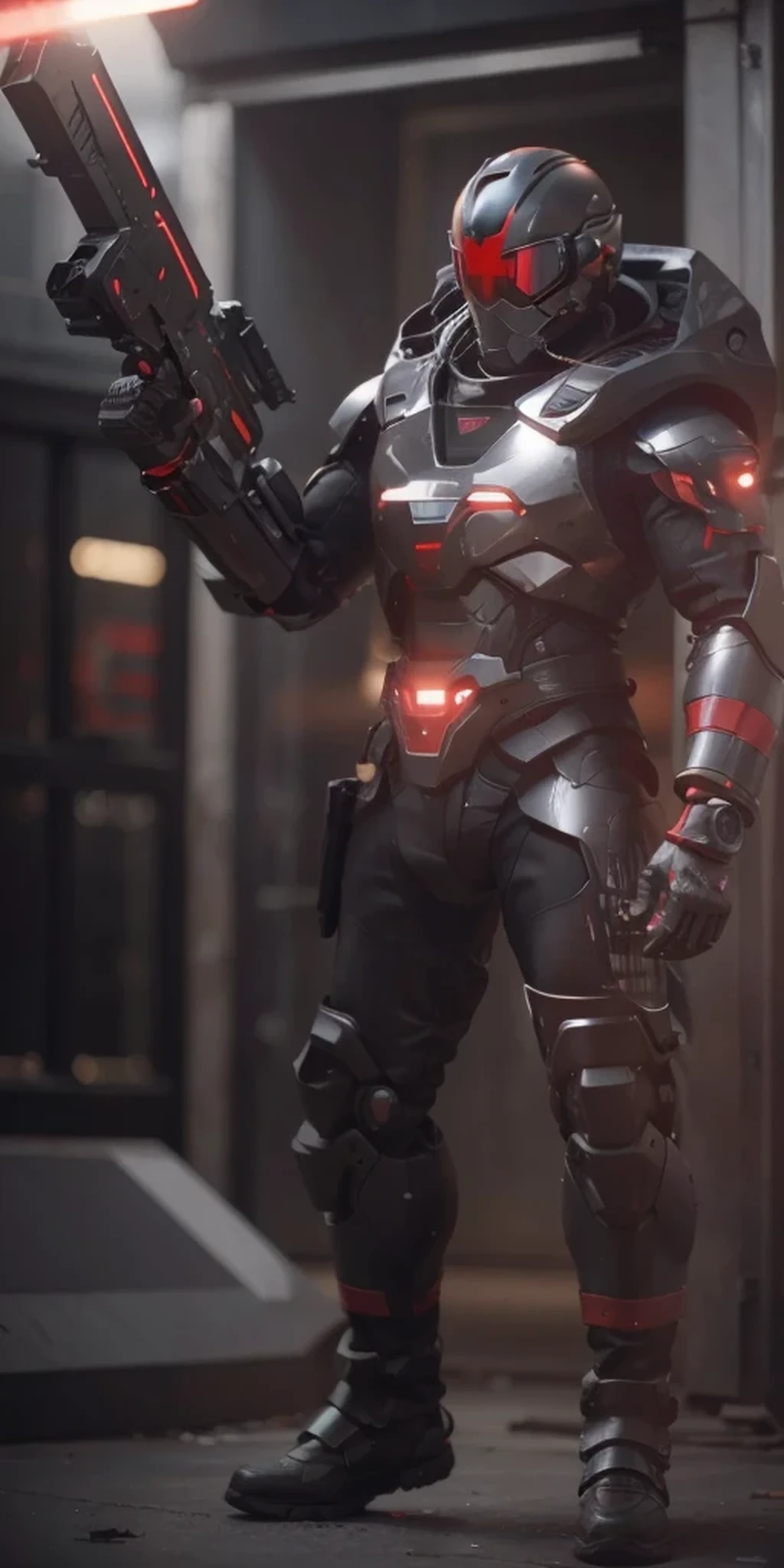 Male soldier cyborg style robot, advanced helmet helmet with wide black glass, matte red metallic armor, red with matte brown details, cyborg armor, tubes and cables, carries a laser weapon, is in a totally destroyed post apocalyptic city, 4k, ultra detailed image, realistic, very detailed, perfect composition, splendid, intricately detailed, incredibly detailed, art photography 8k , hyper detailed, Masterpiece, ultra detailed, hyper realistic, 4k, ultra detailed image , realistic, highly detailed, perfect composition, splendid, intricately detailed, incredibly detailed, Artistic photography in 8k, hyper detailed