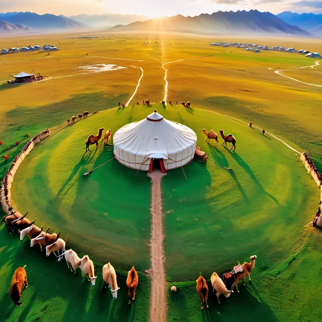 Aerial perspective,animal migration、Herds of camels and sheep、Vast grassland scenery、Mongolian herders、nation、Chinese medieval culture、ancient building、traditional clothing、阳光下的vitality、Uyghur grassland、Endless sheep and camels、Pastoral scenery、horse riding、grazing、major prints、realism、vitality、Riding a camel through the grassland、nature、Dreamy and mysterious effect、Green pastures