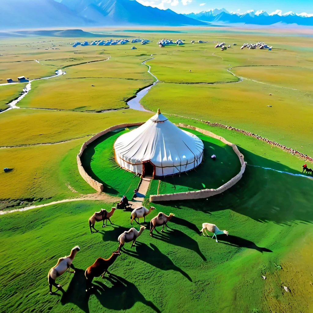 Aerial perspective,animal migration、Herds of camels and sheep、Vast grassland scenery、Mongolian herders、nation、Chinese medieval culture、ancient building、traditional clothing、阳光下的vitality、Uyghur grassland、Endless sheep and camels、Pastoral scenery、horse riding、grazing、major prints、realism、vitality、Riding a camel through the grassland、nature、Dreamy and mysterious effect、Green pastures