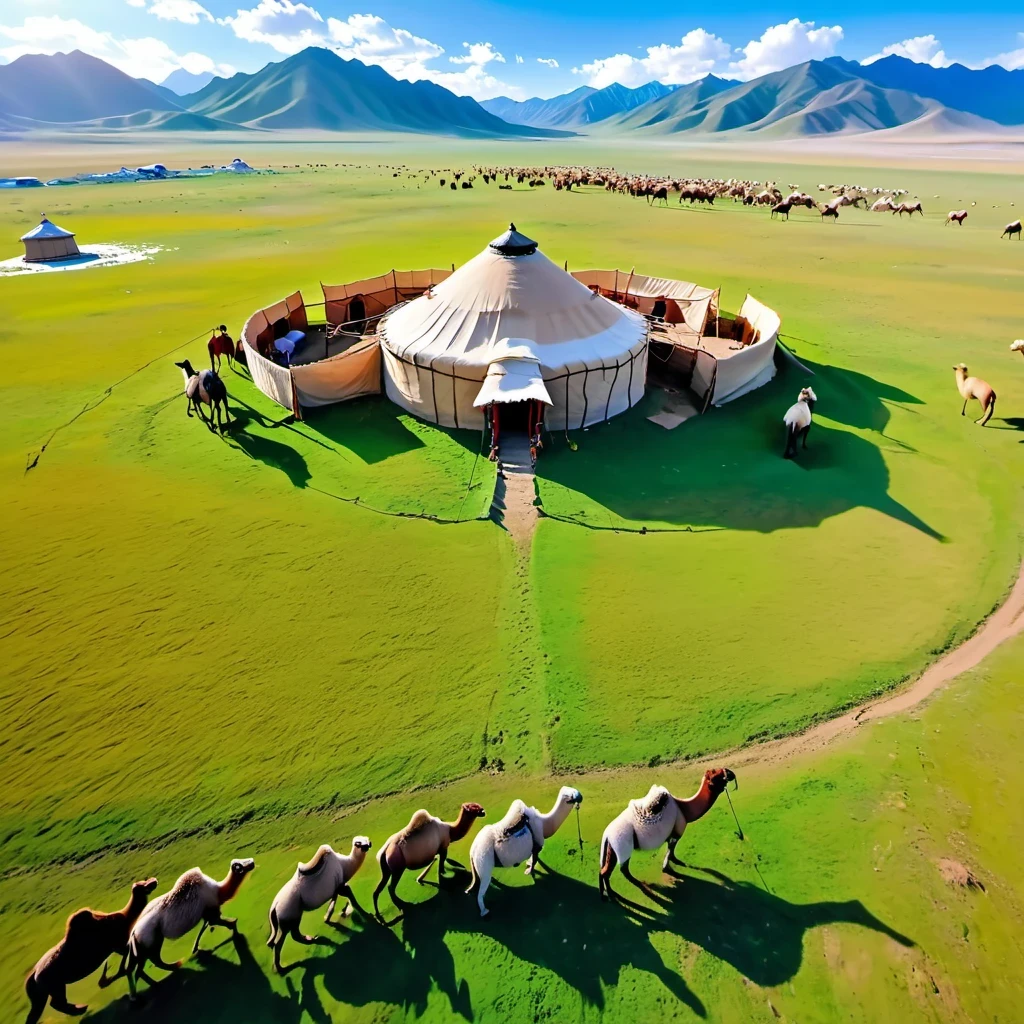 Aerial perspective,animal migration、Herds of camels and sheep、Vast grassland scenery、Mongolian herders、nation、Chinese medieval culture、ancient building、traditional clothing、阳光下的vitality、Uyghur grassland、Endless sheep and camels、Pastoral scenery、horse riding、grazing、major prints、realism、vitality、Riding a camel through the grassland、nature、Dreamy and mysterious effect、Green pastures