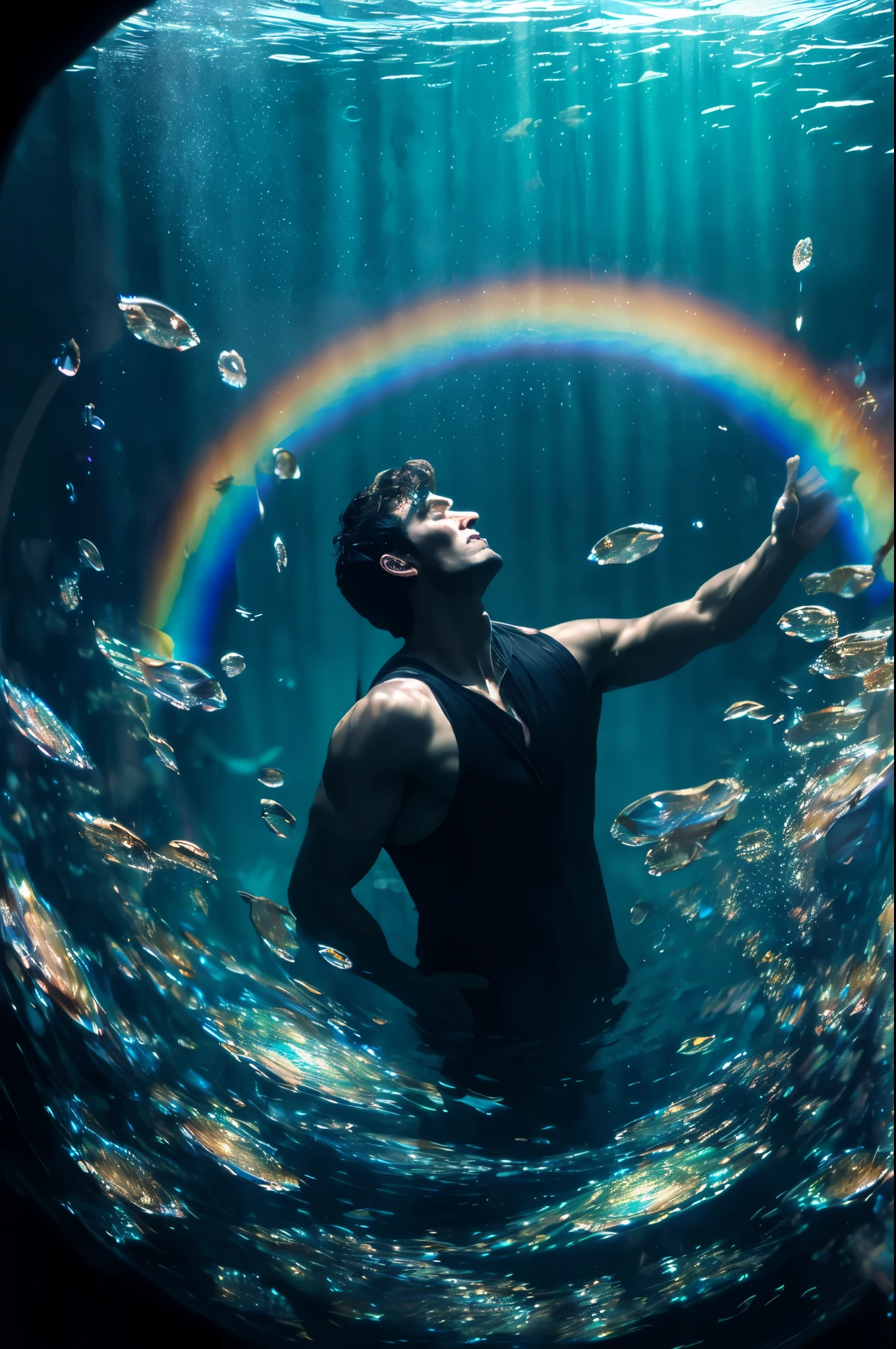 masterpiece, best quality, 1 male, adult, mature, tall muscular guy, Dark theme, Magic circle, bubble, rainbow Sunlight, Underwater, Reflected mirror, floating piece of Glass, Rainbow light, Bubble Swirling, wind Swirling, Aurora, fantasy scenery, Starlight around the character, (upper body)