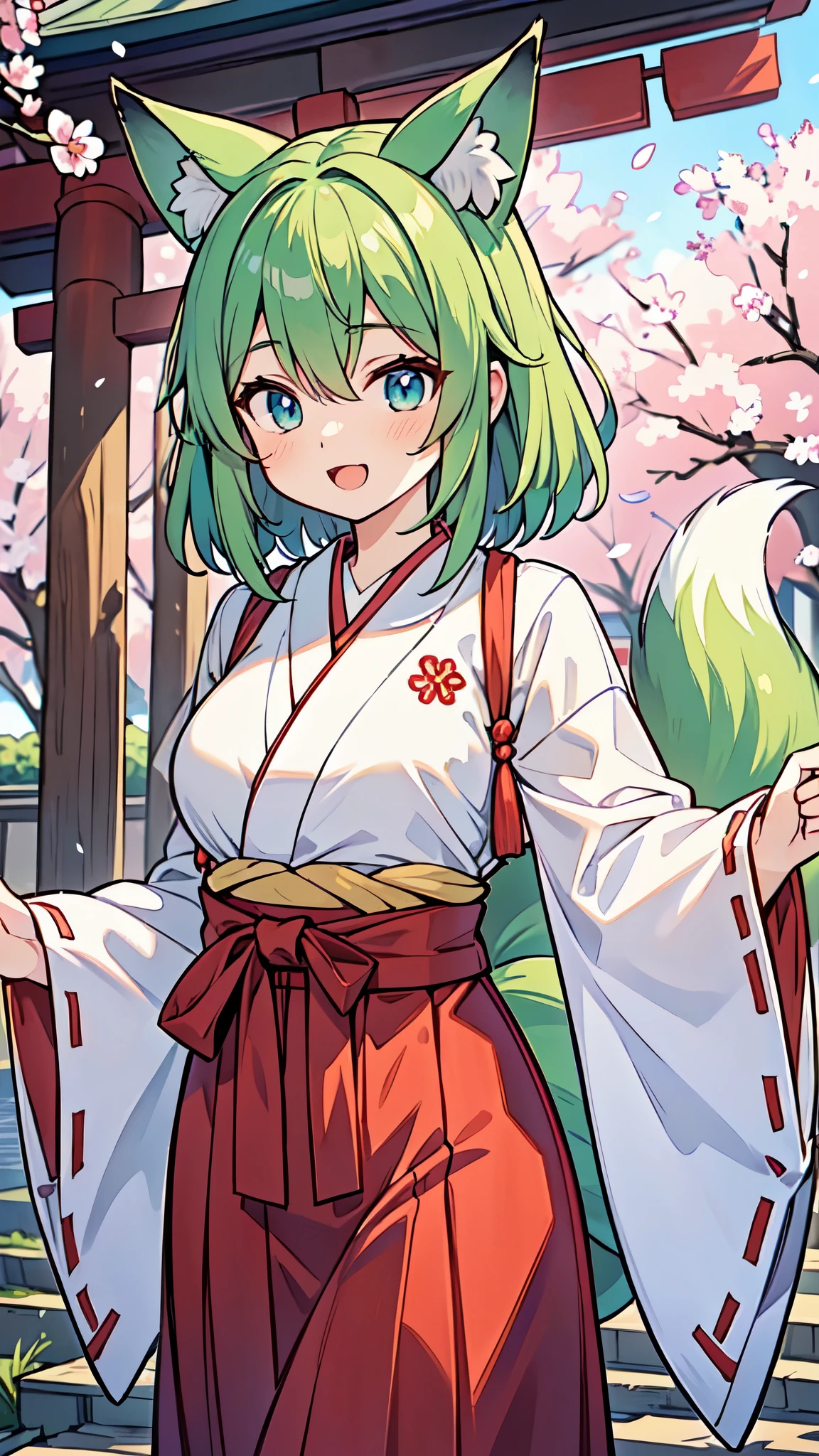 ((A Pretty shrine maiden with green hair and blue eyes)), ((wearing white traditional kimono and red hakama)), ((fox ears and fox tail)), Baby face, ((master piece, top-quality, ultra-definition, high resolution)), anime girl, ((ultra-detailed illust:1.2)), only one person, bangs, hair between eye, beautiful hair, Shiny eyes, Medium breasts, Big smile, opened mouth, at the Japanese shrine, cherry trees