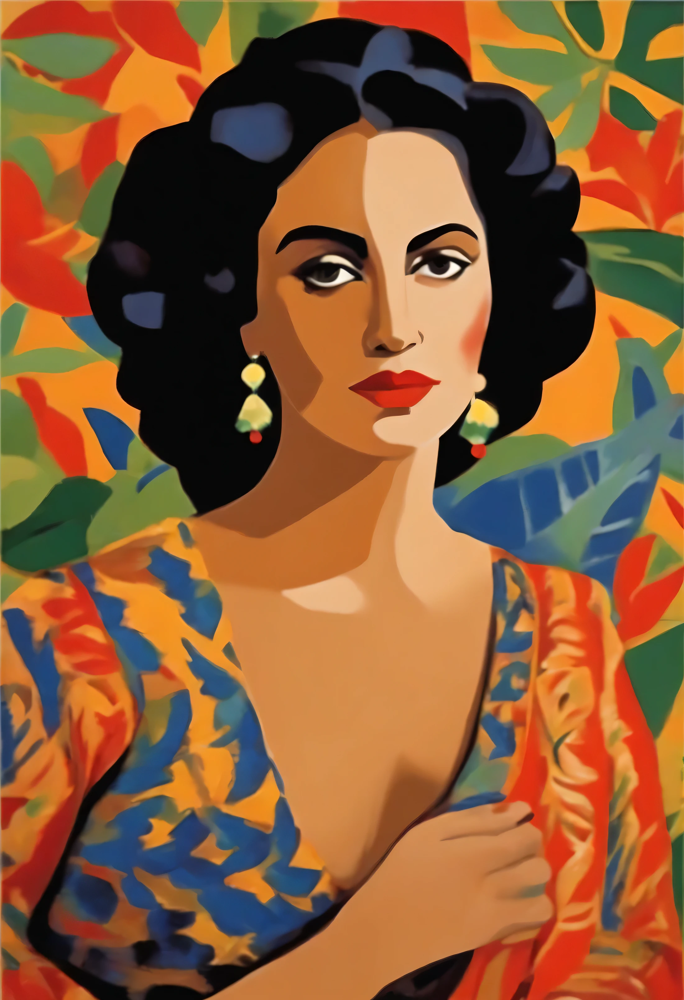 Matisse-style portrait of a Latin woman with a serene expression, utilizando colores vibrantes y formas simplificadas.