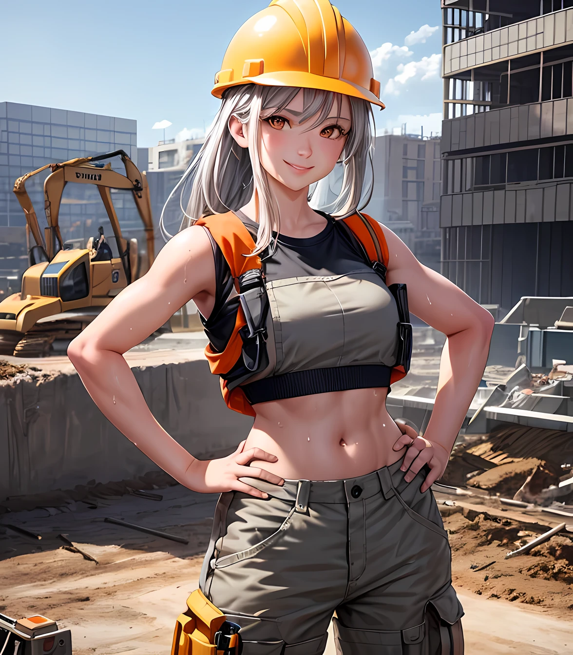 masterpiece, best quality, 1 girl, gray hair, (orange eyes:1.1), construction helmet, cargo pants, construction vest, construction outfit, crop top, cargo pants, (sweat), realistic, construction site, construction hottie, dig site, (upper body), (excavator in background), smile, hands on hips