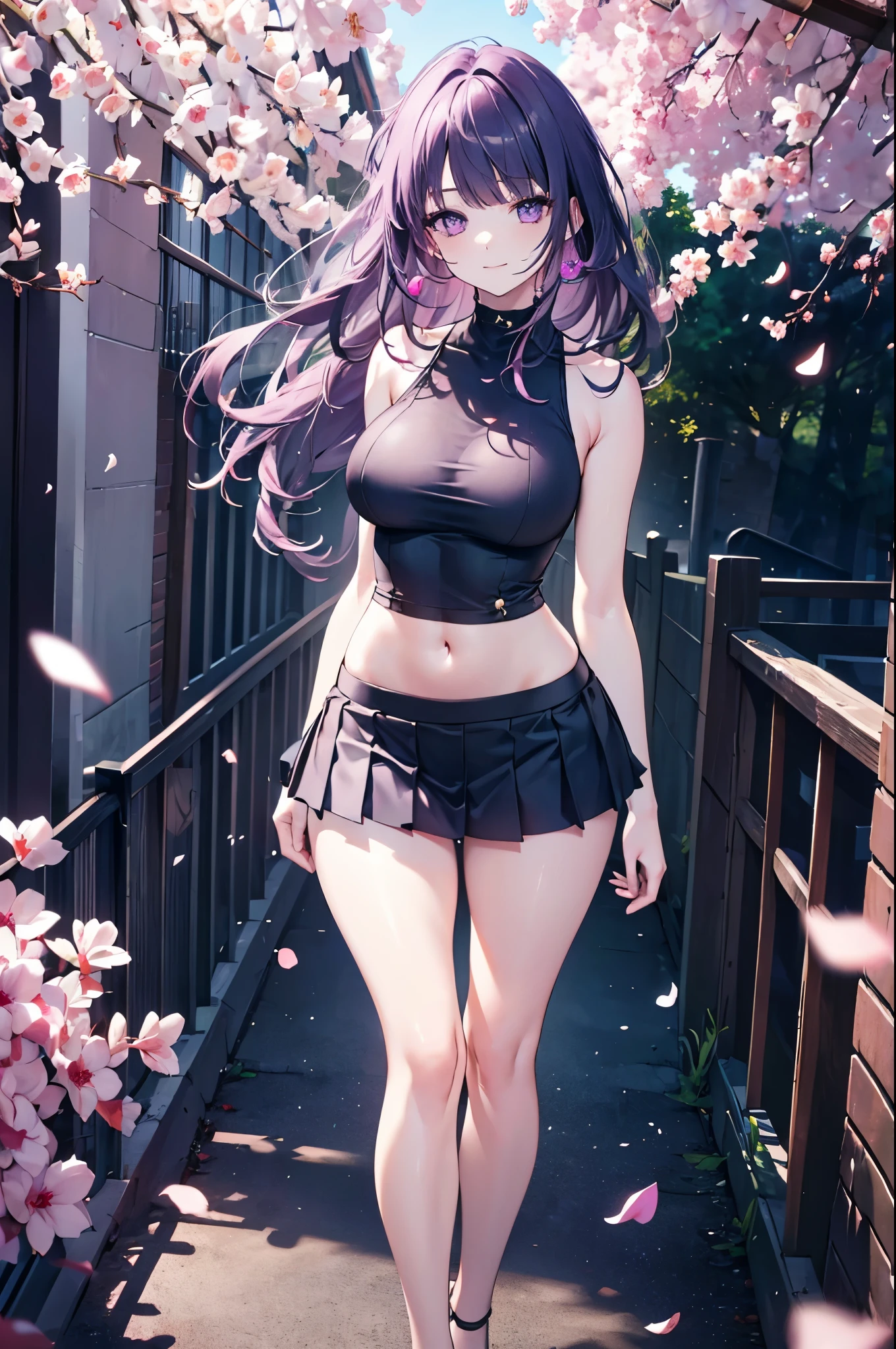 realistic image, coherent image, detailed image, 1 beautiful girl. She has braided purple hair that goes behind her back and a hairpin on the right side of her. Pink violet eyes, long eyelashes. Her face is oval and delicate. smiling seductively. She is wearing a sleeveless top, showing her navel, pleated mini skirt. She has a curvy body, big breasts and thick thighs. She has her arms hidden behind her back, showing her breasts. view of her full body. cherry petals falling. natural lighting in front, volumetric lighting