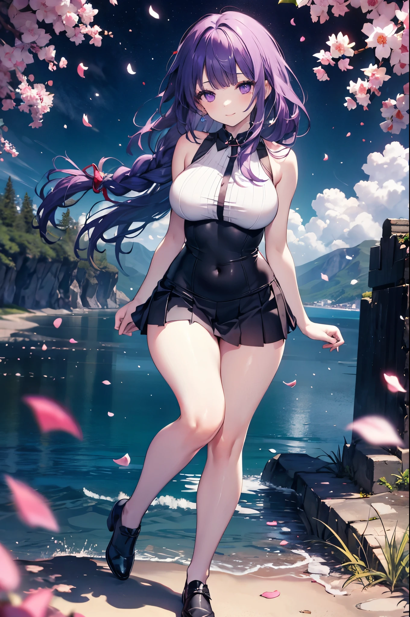 realistic image, coherent image, detailed image, 1 beautiful girl. She has braided purple hair that goes behind her back and a hairpin on the right side of her. Pink violet eyes, long eyelashes. Her face is oval and delicate. smiling seductively. She is wearing a sleeveless top, showing her navel, pleated mini skirt. She has a curvy body, big breasts and thick thighs. She has her arms hidden behind her back, showing her breasts. view of her full body. cherry petals falling. natural lighting in front, volumetric lighting