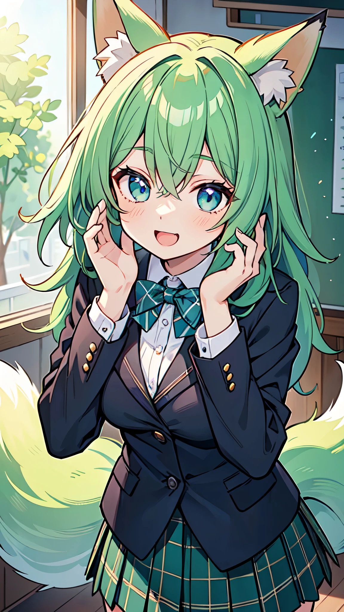 ((A Pretty High school girl with green hair and blue eyes)), ((wearing black blazer and plaid skirt)), ((fox ears and fox tail)), Baby face, ((master piece, top-quality, ultra-definition, high resolution)), anime girl, ((ultra-detailed illust:1.2)), only one person, bangs, hair between eye, beautiful hair, Shiny eyes, Medium breasts, Big smile, opened mouth, in the classroom