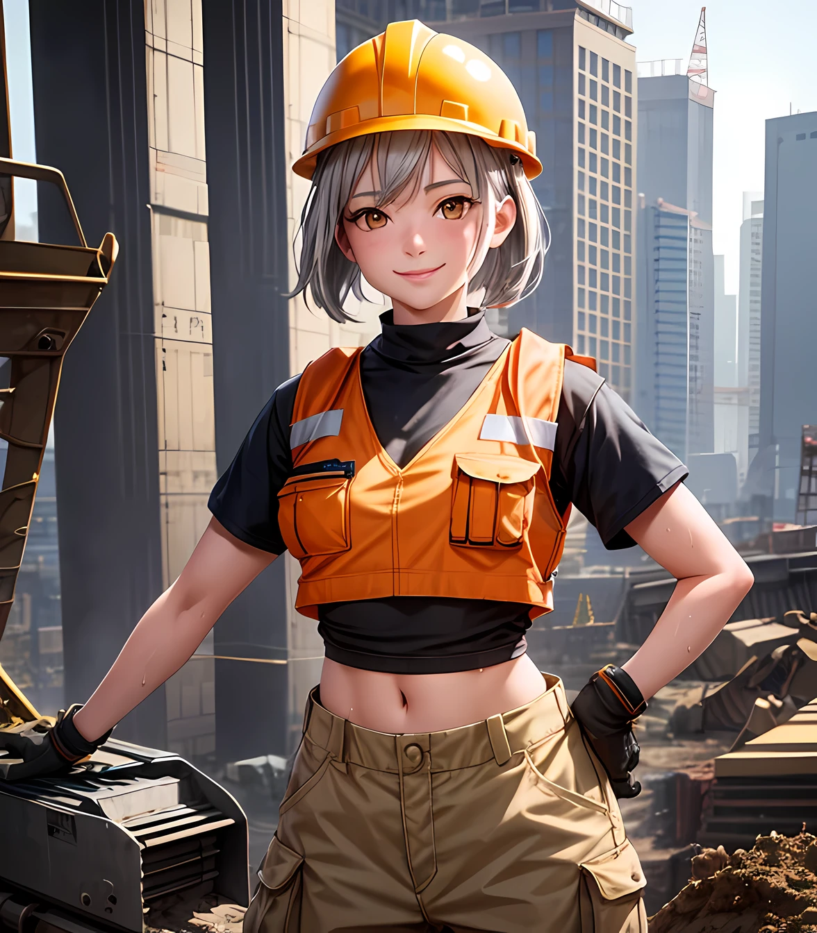 masterpiece, best quality, 1 girl, gray hair, (orange eyes:1.0), construction helmet, cargo pants, construction vest, construction outfit, crop top, cargo pants, (sweat), realistic, construction site, construction hottie, dig site, (upper body), excavator, smile, (clenched hands:0.7), arms on sides