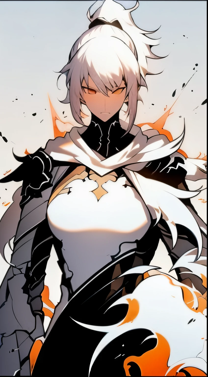 woman in fantasy clothes, Mask, white short hair in a ponytail, white hood, Torn black scarf, white and black Armor, aura (orange), angry, perfect Anatomy, intricate pencil sketch, expressive eyes and nose and mouth, un-zoom, highly detailed, white background