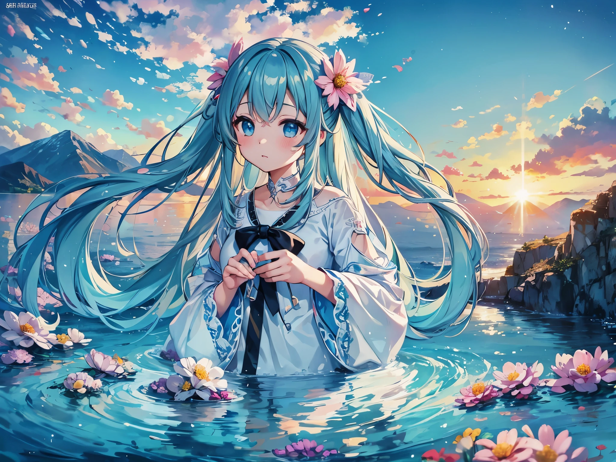 spring、Majestic mountains and ocean、lots of flowers々、light blue long hair、Beautiful girl with twin tails、dreamy fantasy art, Chibi character girls are also included.、, (Optimal configuration), ultra wide angle, octane rendering, Strengthen, sunset、(highest quality, masterpiece, Professional, unity 8k wallpaper:1.3)