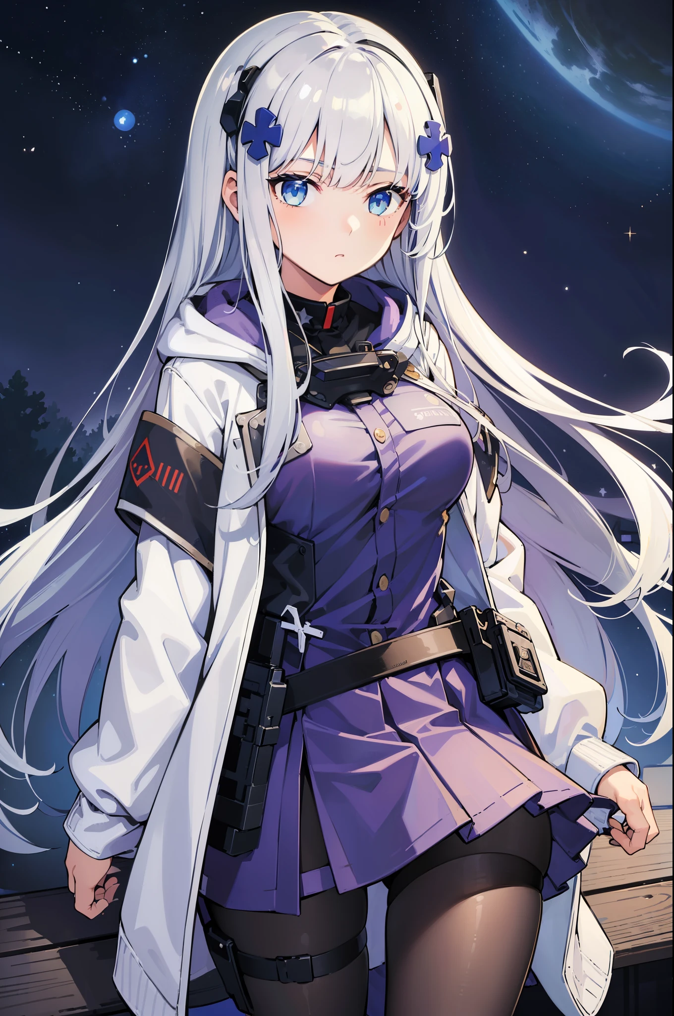 (best quality:1.3), (masterpiece:1.3), (illustration:1.3), (ultra-detailed:1.3), (imid shot:0.9), 1girl, Long hair, white hair, ((blue eyes)), purple hoodie, looking at viewer, white jacket, medium breasts, HK416Clukay, upper body, night sky, stars, skirt, pantyhose, holster, thigh strap,