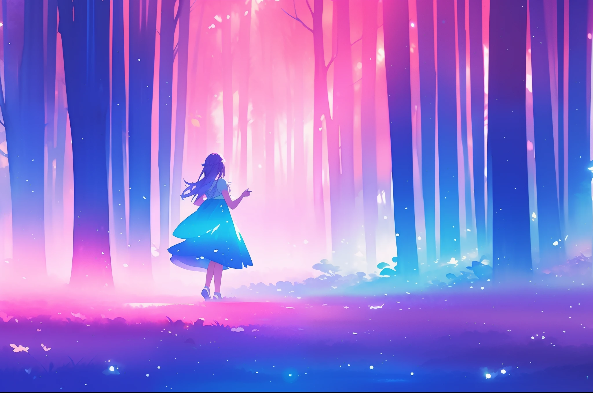 beautiful girl in a gradient blue dress walking through a magical forest, colorful fantasia forest landscape, magical, watercolor illustration, disney art style, glowing aura around her, glowing lights, beautiful digital illustration, fantasia otherworldly landscape plants flowers, beautiful, masterpiece, best quality, anime disney style