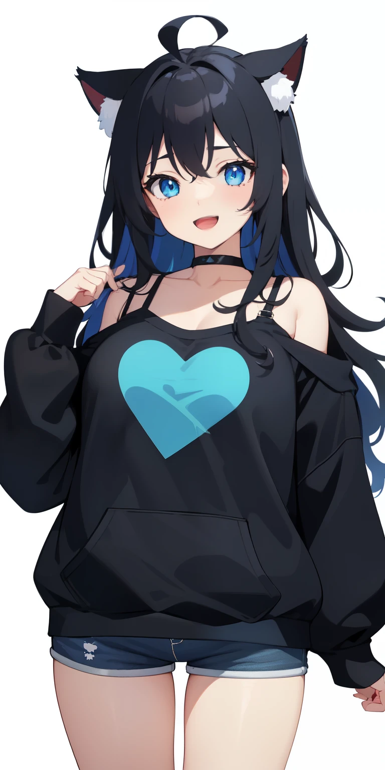 on lap,((((upright)))), ((((stand up)))), looking at the viewer, simple background、white background, 1 girl, open your mouth, smile, Virtual YouTuber、with a girl、((highest quality, expensive_solve, clear_image)),(black hair), (black cat ears), (Ahoge),low double knot、(wavy hair), (blue eyes),、laughter、very big breasts、((concept art))、((front))、wore a camisole、I put a hoodie on my shoulders、short pants、cleavage visible、whole body、