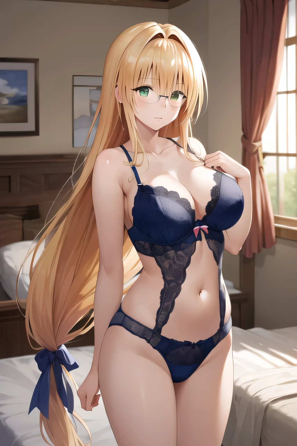 masterpiece, highest quality, High resolution, Atearge, very long hair, long hair tied low, hair ribbon, green eyes, Glasses, big breasts,  lingerie, room, indoor, Are standing, from before, bed, cowboy shot,