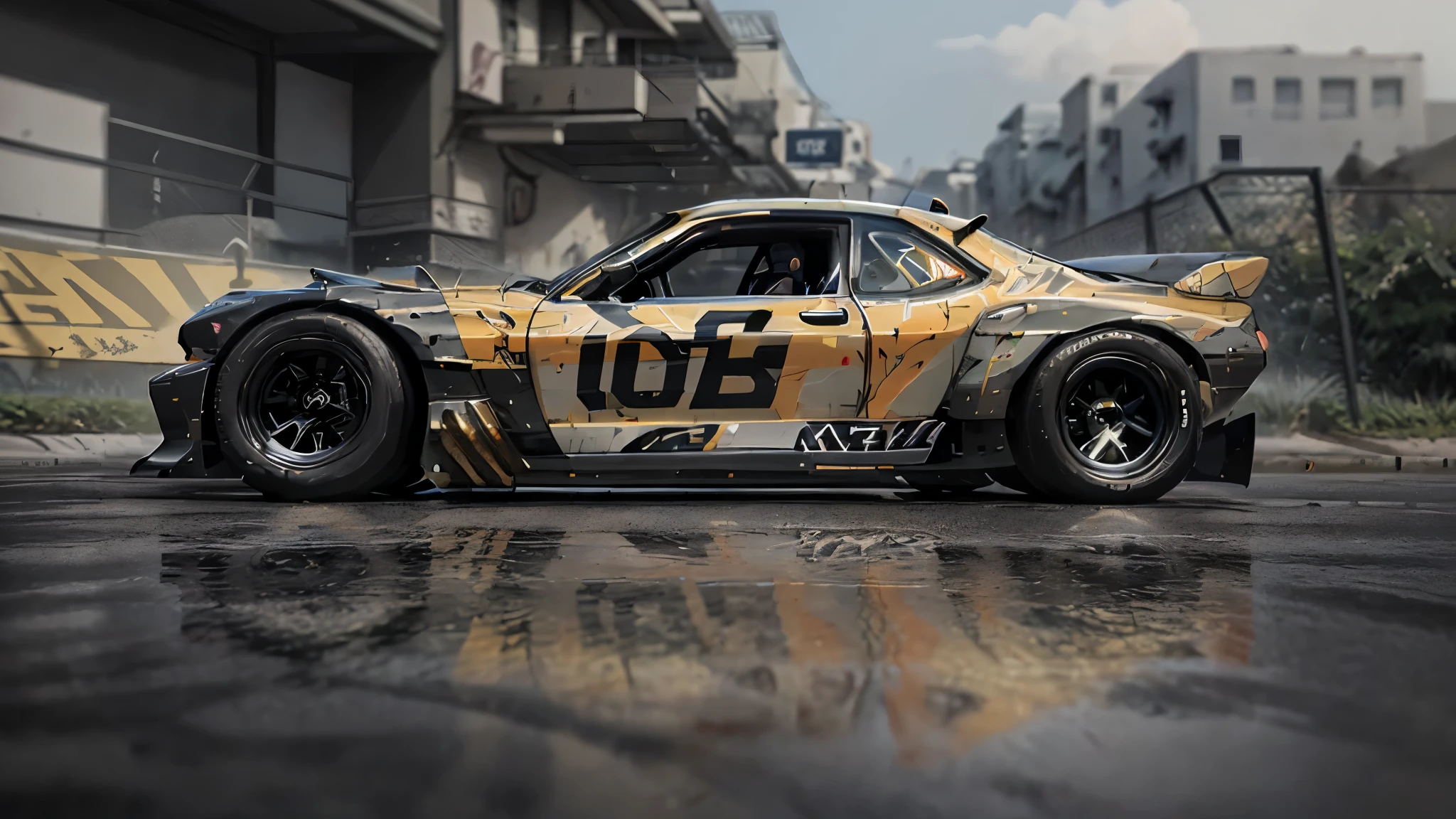 Black Batmobile, SunRising, visual_impact street_traffic_jam racing_full_shot spacious_road race_scene multi-racing, Masterpiece Cinematic_sunlight ultra_Photo-realistic, ultra_high-def UHD XT3 DSLR HDR, ultra-realistic angelic neon metallic black silver and gold chrome race car, best quality, ultra-detailed), Batmobile race car, street racing-inspired, Drifting, LED, ((Twin headlights)), (((Bright neon color racing stripes))), (Black racing wheels), Wheel spin showing motion, Show car in motion, Burnout, wide body, modified car, racing livery Lava