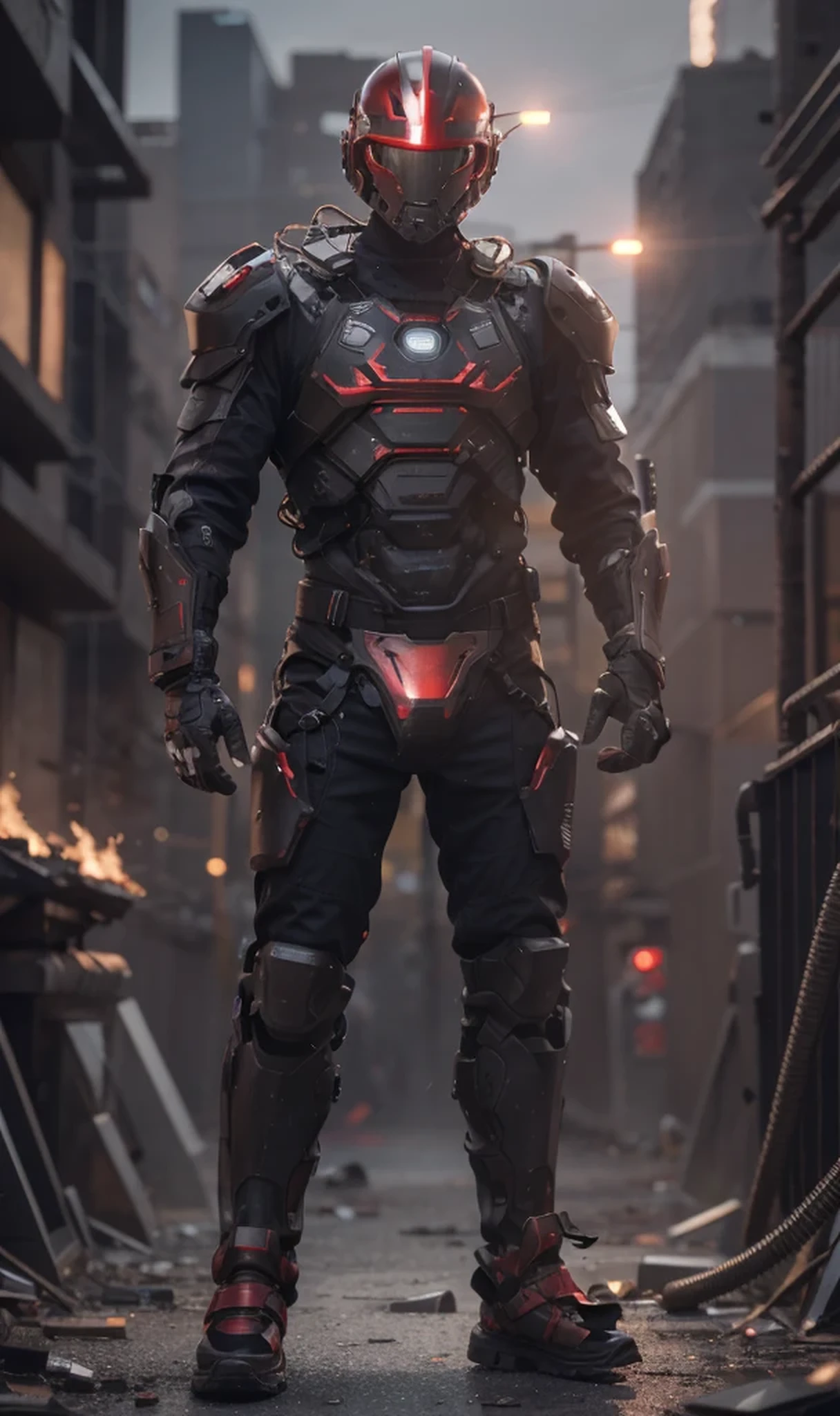 Male soldier cyborg style robot, advanced helmet helmet with wide black glass, matte red metallic armor, red with matte brown details, cyborg armor, tubes and cables, carries a laser weapon, is in a totally destroyed post apocalyptic city, 4k, ultra detailed image, realistic, very detailed, perfect composition, splendid, intricately detailed, incredibly detailed, art photography 8k , hyper detailed, Masterpiece, ultra detailed, hyper realistic, 4k, ultra detailed image , realistic, highly detailed, perfect composition, splendid, intricately detailed, incredibly detailed, Artistic photography in 8k, hyper detailed