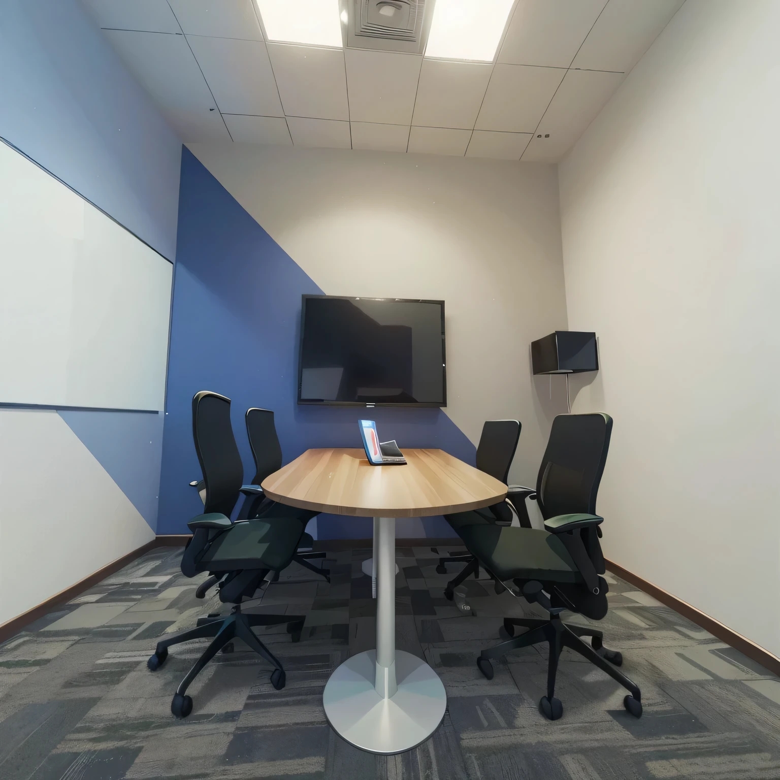 There is a table in the room,There is a laptop on it, in a meeting room, cubical meeting room office, 3D ios room photos, meeting room, Shot with Sony alpha 9, Detailed wide angle shot, Super wide angle shooting, office interior, Wide-angle view, Wide-angle view, image center, interior of a small room,Surrounded by greenery,relaxing atmosphere,Clean walls,Green space transition illustration picture book style