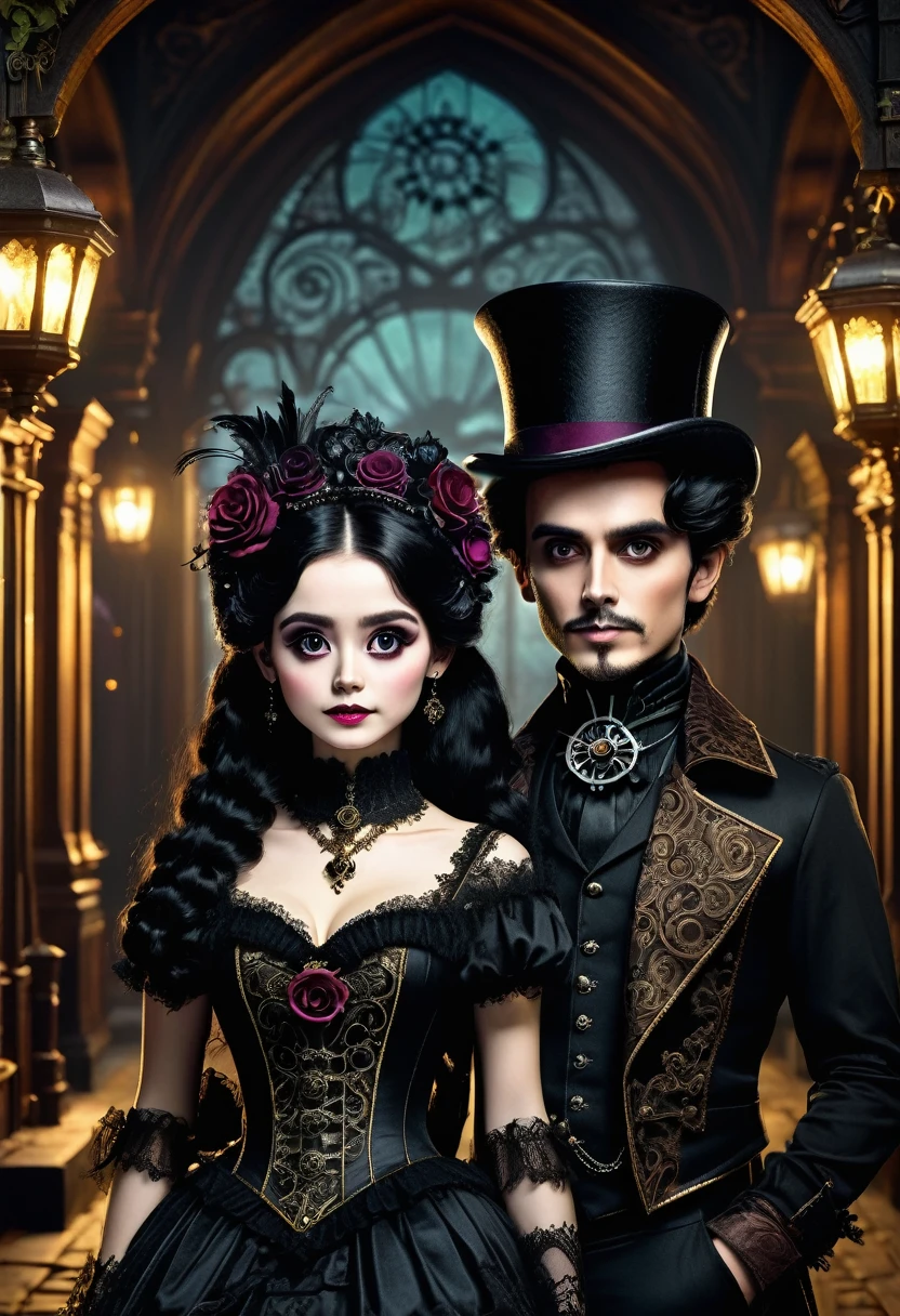 (a heterosexual couple: 1.5, dark style, big eyes, small parts, fluffy black hair), (dark Gothic, Victorian steampunk gothic style), dark, dark setting with skull decorations 32k, fairy tale: 1.4, camera cut: 1.4, ((Dreamlike atmosphere, soft light and magic:1.3)), ((Imaginative scene)),((perfect, meticulously detailed.:1.3)), ((full shot: 1.4)), ((Best quality)) , ((Masterpiece)), 3D, (hyper detailed: 1.3), ((Epic Scenery: 1.3)), ((night background: 1.3 ))), (((the night:1.2))), (photorealistic: 1,4), ((Front camera)),( (Low-light night cinema lighting: 1,2)). 32k.