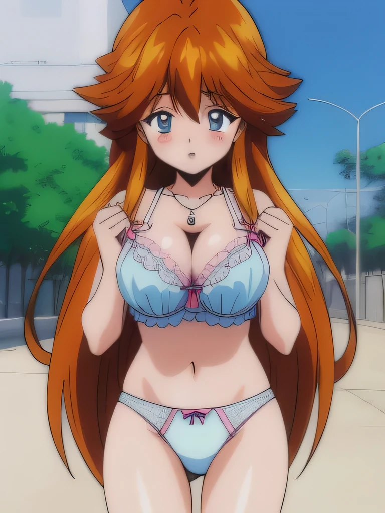 (It is), 1 girl, alone, underwear, side-string panties, good, lingerie, long hair, blush, cowboy shot,  beautiful eyes, Huge_chest,knees, See-through, orange hair, necklace, underwear only, , 1990s \(style\), (anime, anime_screen cap), (animeーション化された gif, mp4) ,video, animeーション化された, masterpiece, expensive quality, very_expensive_solve, big_file size, full color,