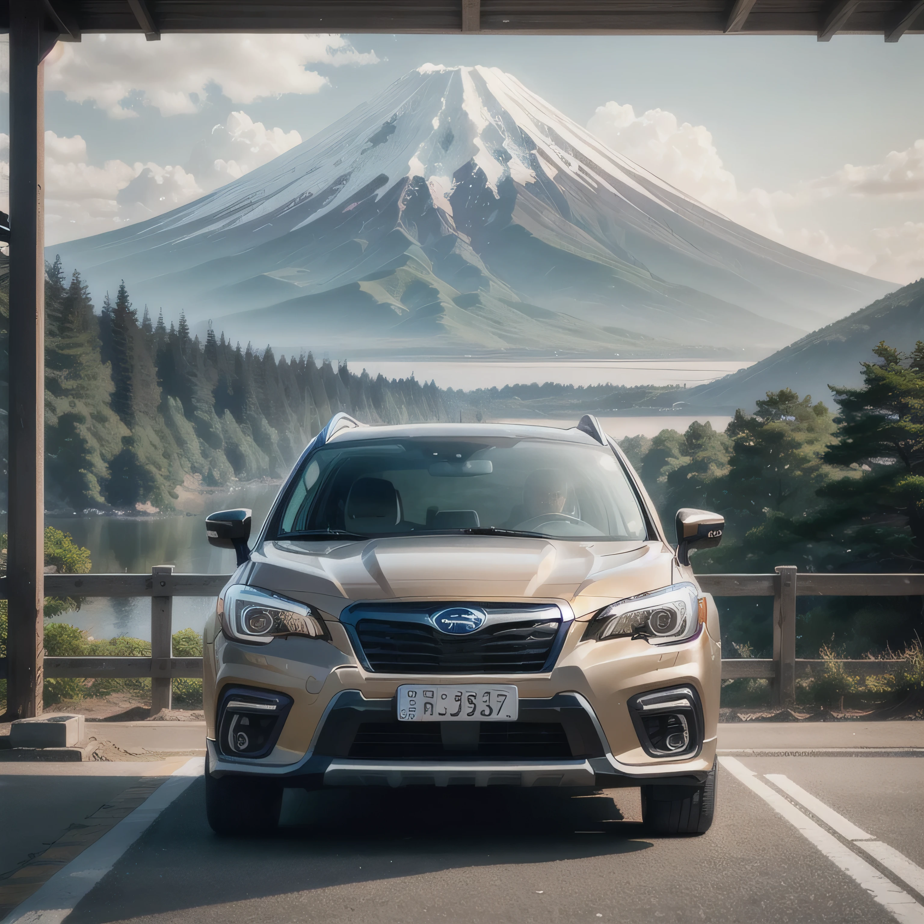 （32K、RAW photo、highest quality、masterpiece：1.2)、subaru、forester、car、Mountains and. Mt. Fuji in the background、You can see the lake、stop、There are two people in the car.、bathe in the morning sun、