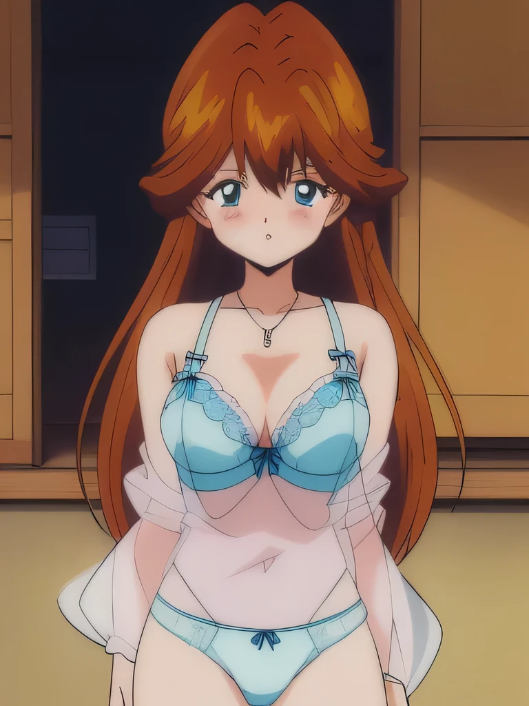 (It is), 1 girl, alone, underwear, side-string panties, good, lingerie, long hair, blush, cowboy shot,  beautiful eyes, Huge_chest,knees, See-through, orange hair, necklace, underwear only, , 1990s \(style\), (anime, anime_screen cap), (animeーション化された gif, mp4) ,video, animeーション化された, masterpiece, expensive quality, very_expensive_solve, big_file size, full color,