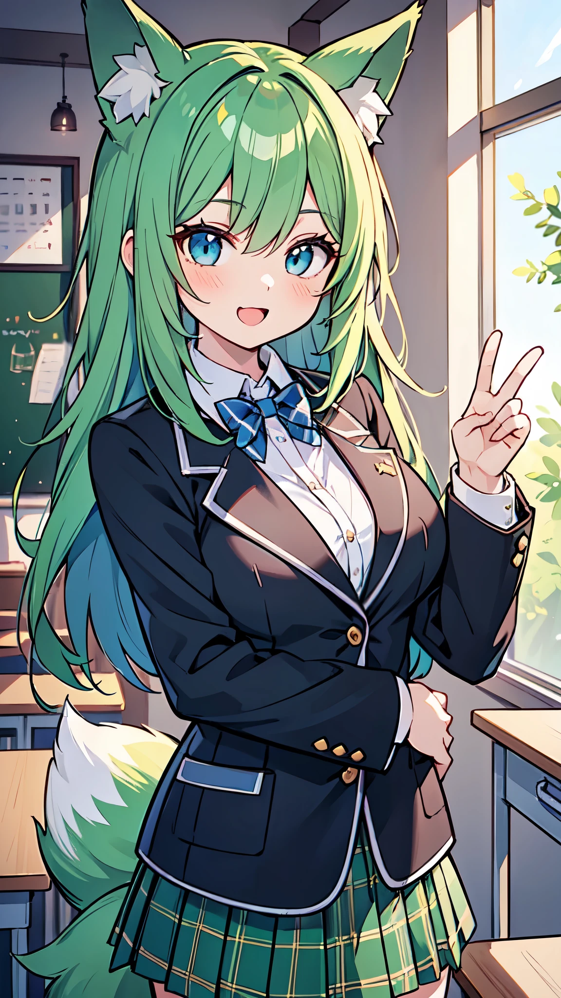 ((A Pretty High school girl with green hair and blue eyes)), ((wearing black blazer and plaid skirt)), ((fox ears and fox tail)), Baby face, ((master piece, top-quality, ultra-definition, high resolution)), anime girl, ((ultra-detailed illust:1.2)), only one person, bangs, hair between eye, beautiful hair, Shiny eyes, Medium breasts, Big smile, opened mouth, in the classroom, at dusk, sunset