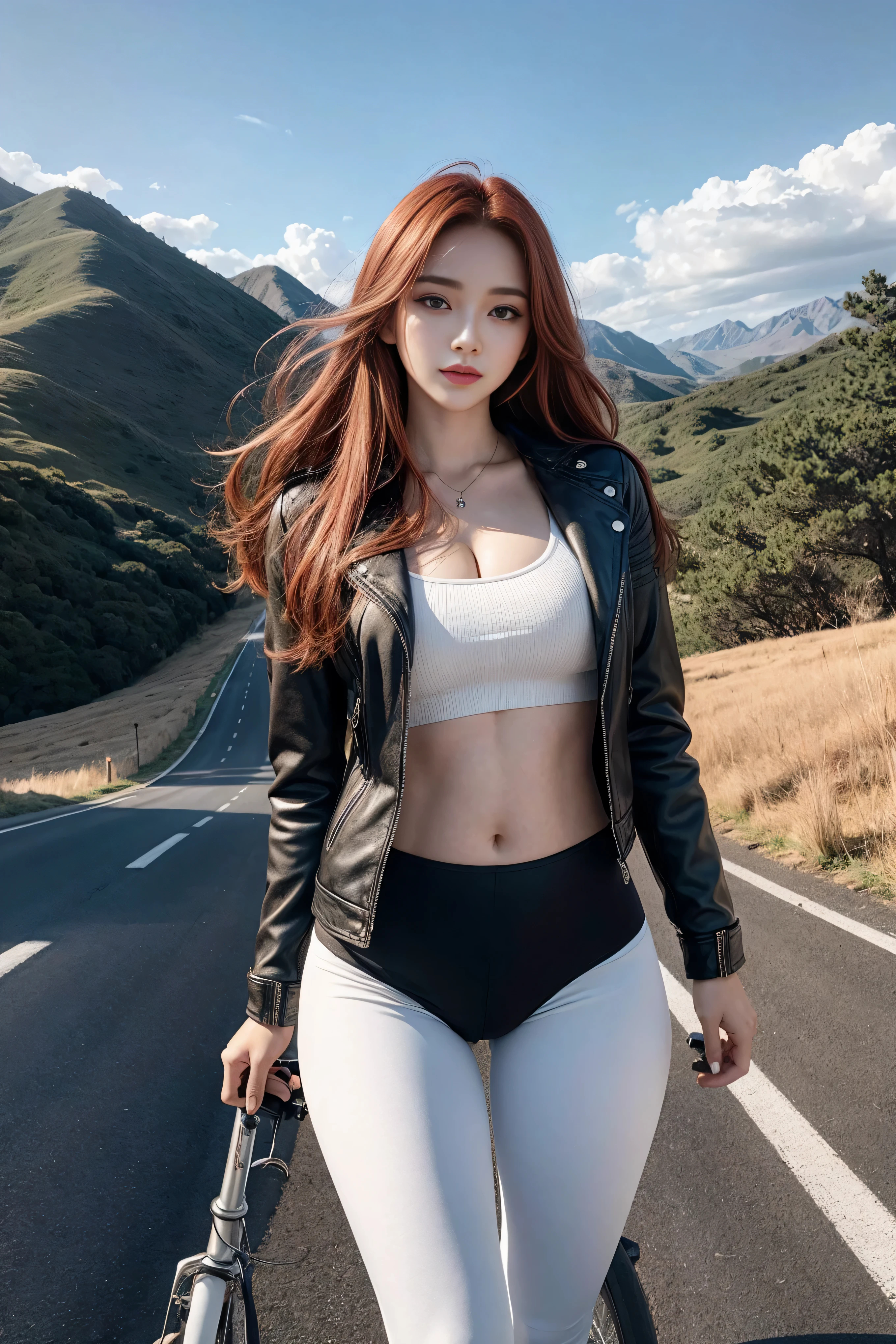 Woman riding classic bicycle，beautiful woman，Long red hair，Full scene shooting，best quality，Sunset，staircase，windy，look up to the sky，beautiful woman，exterior，dark red hair，Natural landscape，rot，leather jacket，Belly button pops out，leggings，Sexy long legs，（Thigh clearance：1.5），（buttocks，wide hips），Highly detailed face and skin textures，exquisite eyes，double eyelids,whole body，20 year old female model，octane rendering，two-tone lighting，Large aperture，Low ISO，white balance，Drive a motorcycle，landscape