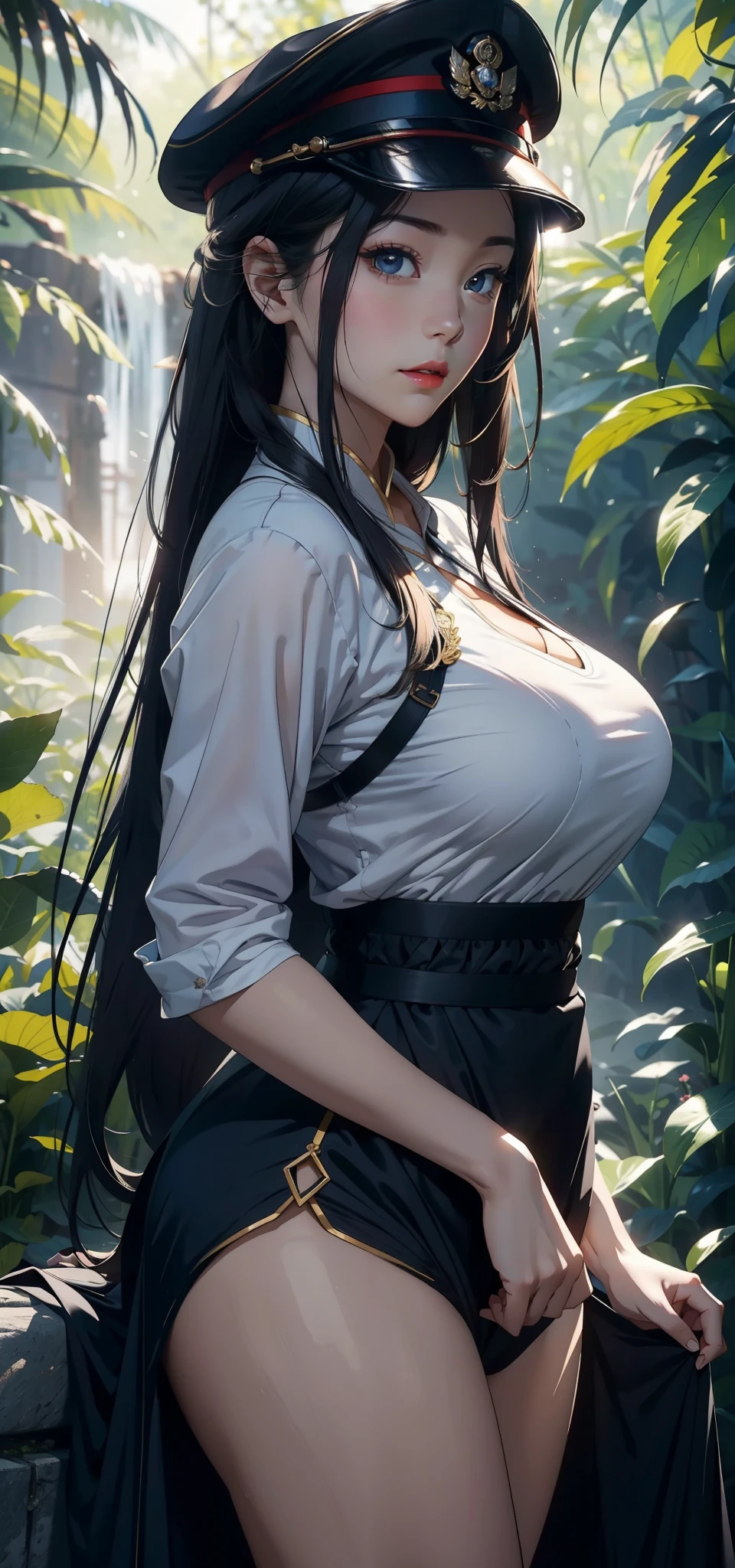 1 female,45 years old,married woman,Leg length, thin waist, 照片曝Light, alone,(background with:in the woods,rainforest,In the summer) She has long black hair,red lips,stand,Look at it from the front, straight hair, There are many clouds in the sky),(Very detailed CG unified 8K wallpaper),best quality,Light,Detailed background,beautiful student,(Very delicate and beautiful),(Beautiful and detailed eye descriptions),super detailed,masterpiece,)),face camera,high resolution,super detailed),extra large breasts, protruding genitals,camel toe,Chinese Navy(wear:Dark blue military uniform,military cap)
