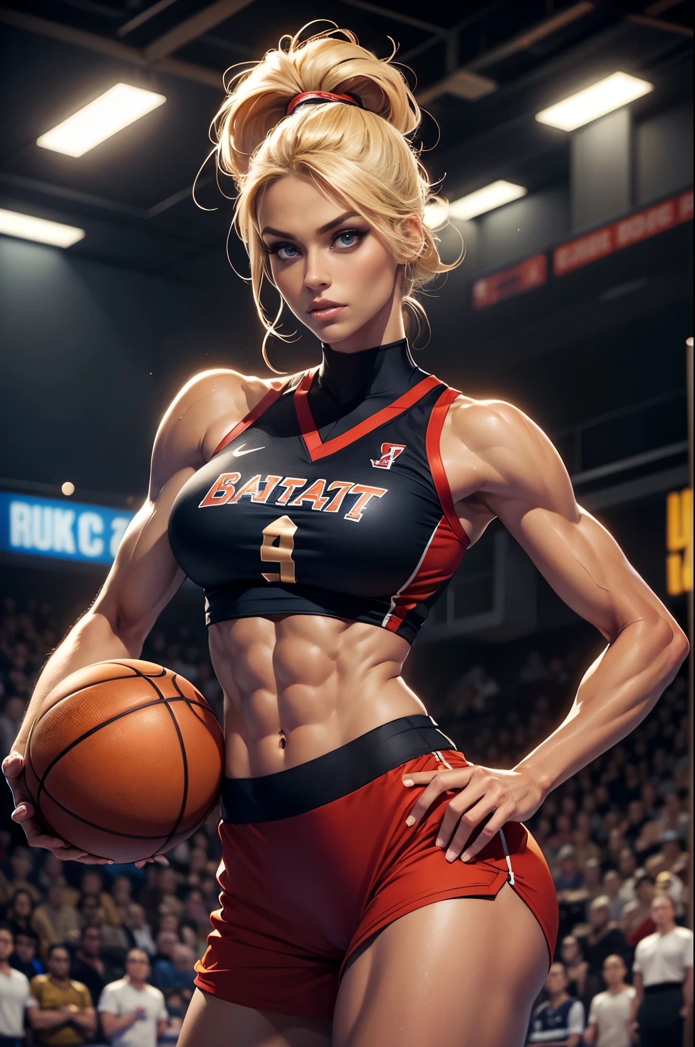 A gorgeous female basketball player, muscular, slim, supermodel, tanned skin, slender, biceps, triceps, eight pack abs, blonde hair, wide shoulders, narrow hips, narrow waist, huge breasts, tattoo on the shoulder, perfect face, long eyelashes, make up, perfect eyes, perfect mouth, (on the basketball court, perfectly round ball,)