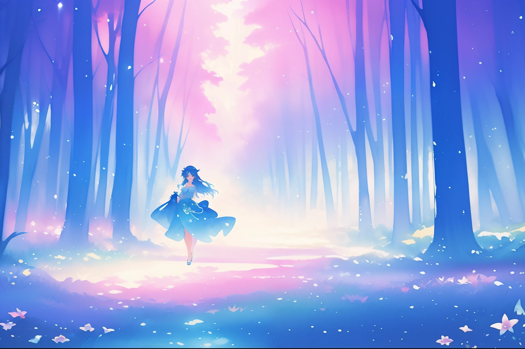 beautiful girl in a gradient blue dress walking through a magical forest, colorful fantasia forest landscape, magical, watercolor illustration, disney art style, glowing aura around her, glowing lights, beautiful digital illustration, fantasia otherworldly landscape plants flowers, beautiful, masterpiece, best quality, anime disney style