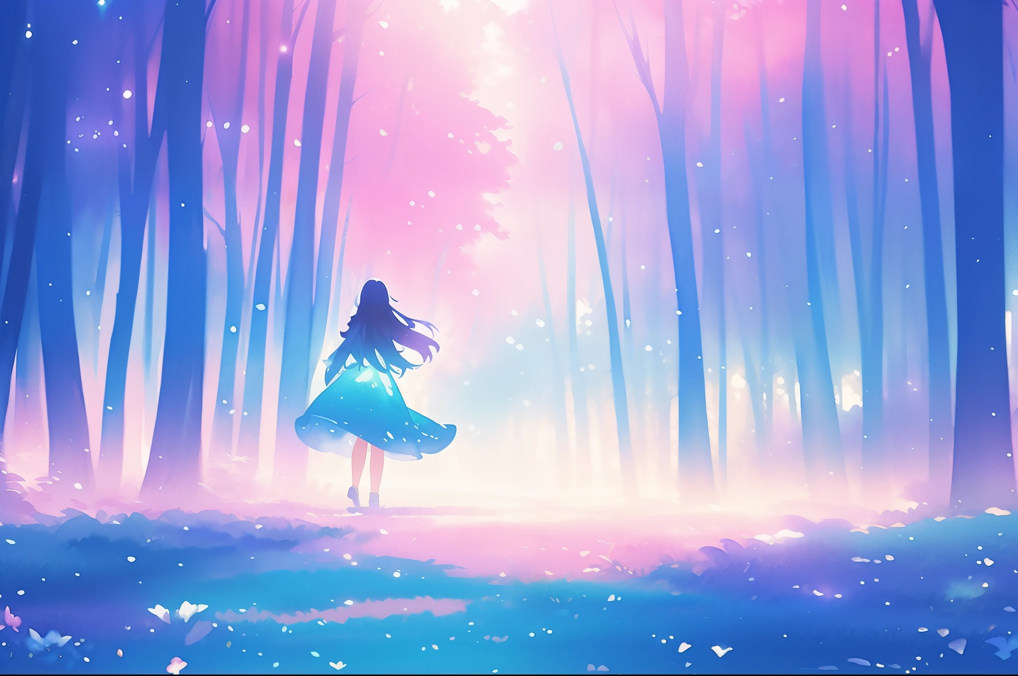 beautiful girl in a gradient blue dress walking through a magical forest, colorful fantasia forest landscape, magical, watercolor illustration, disney art style, glowing aura around her, glowing lights, beautiful digital illustration, fantasia otherworldly landscape plants flowers, beautiful, masterpiece, best quality, anime disney style