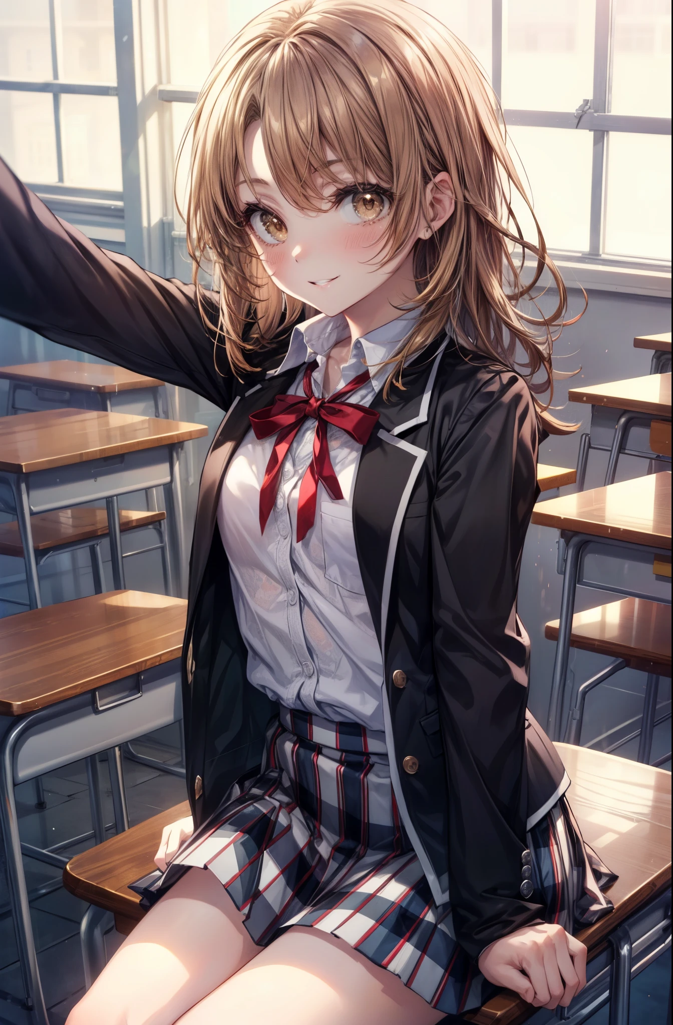 irohaisshiki, iroha isshiki, long hair, brown hair, (brown eyes:1.5), medium chest,smile,blush,He is taking a selfie while holding his cell phone up with his right hand.,左手でyshirtを少し広げて胸チラしてる,open your mouth,
break skirt, shirt,  school uniform, Jacket, white shirt, open clothes, socks, open Jacket, black Jacket, plaid, knee high, plaid skirt, blazer, black socks,soubu high school uniform,
break indoors, classroom,
break looking at viewer,
break (masterpiece:1.2), highest quality, High resolution, unity 8k wallpaper, (figure:0.8), (detailed and beautiful eyes:1.6), highly detailed face, perfect lighting, Very detailed CG, (perfect hands, perfect anatomy),