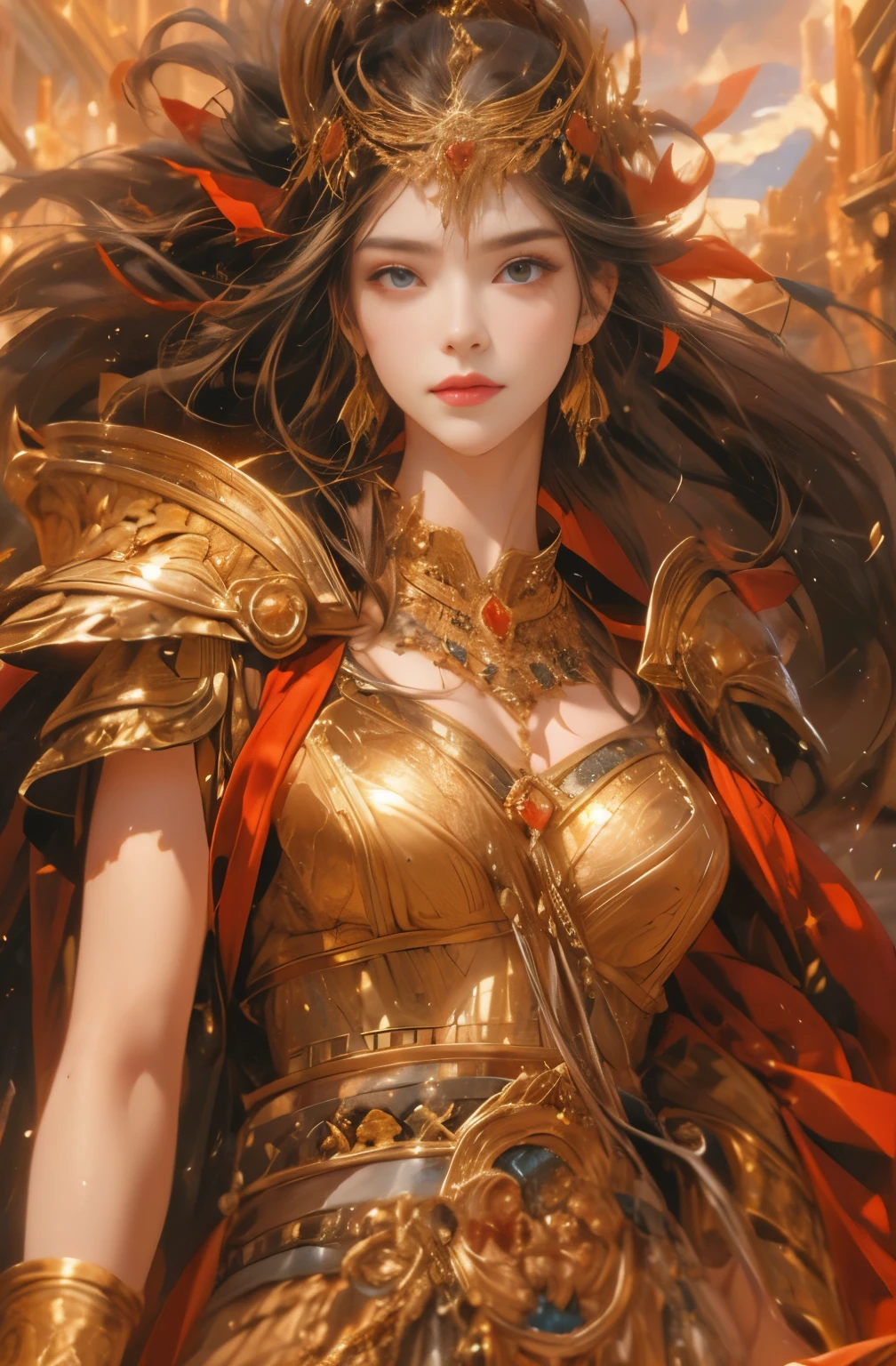 Gold and red tones、fantasy、Ancient mythology、ancient mesopotamia、hour of twilight、Mysterious、solemnity、majestic、highest quality, masterpiece、Ishtar, goddess of war、majestic hall々, battlefield commander、guardian of babylon、increase fighting spirit、queen of babylon, invincible general、Majestic Hall々、Brave、glory of babylon、honor of babylon、veteran hero、The unparalleled beauty of elongated eyes、refinement、Noble、i am proud、Wearing Noble jewelry、Equip your weapons、looks like fancy golden armor、cloak fluttering in the wind、Tall and lean、fiery red long hair、perfect angle、perfect composition、Low - Angle、Full body Esbian, Works that influenced Chen Yifei, Works that influenced Francesco Hayes, Inspired by Hendrik Terbruggen, Jean=Works that influenced Auguste Dominique Ingres, Works that influenced Liu Jun, Jean=Works that influenced Auguste Dominique Ingres, highest quality, perfect angle, perfect composition, best shot, official art, cinematic light, figurative art, Beautiful and expressive paintings, Beautiful artwork illustration, wonderful, cool beauty, clear, Mysterious, highest quality, official art, Very delicate and detailed painting style, Beautiful painting art, perfect light, perfect composition, perfect angle, The perfect subject, best shot, women only, sharp outline, pretty much beautiful face, very beautiful and delicate eyes, delicate and beautiful eyes, Close-up