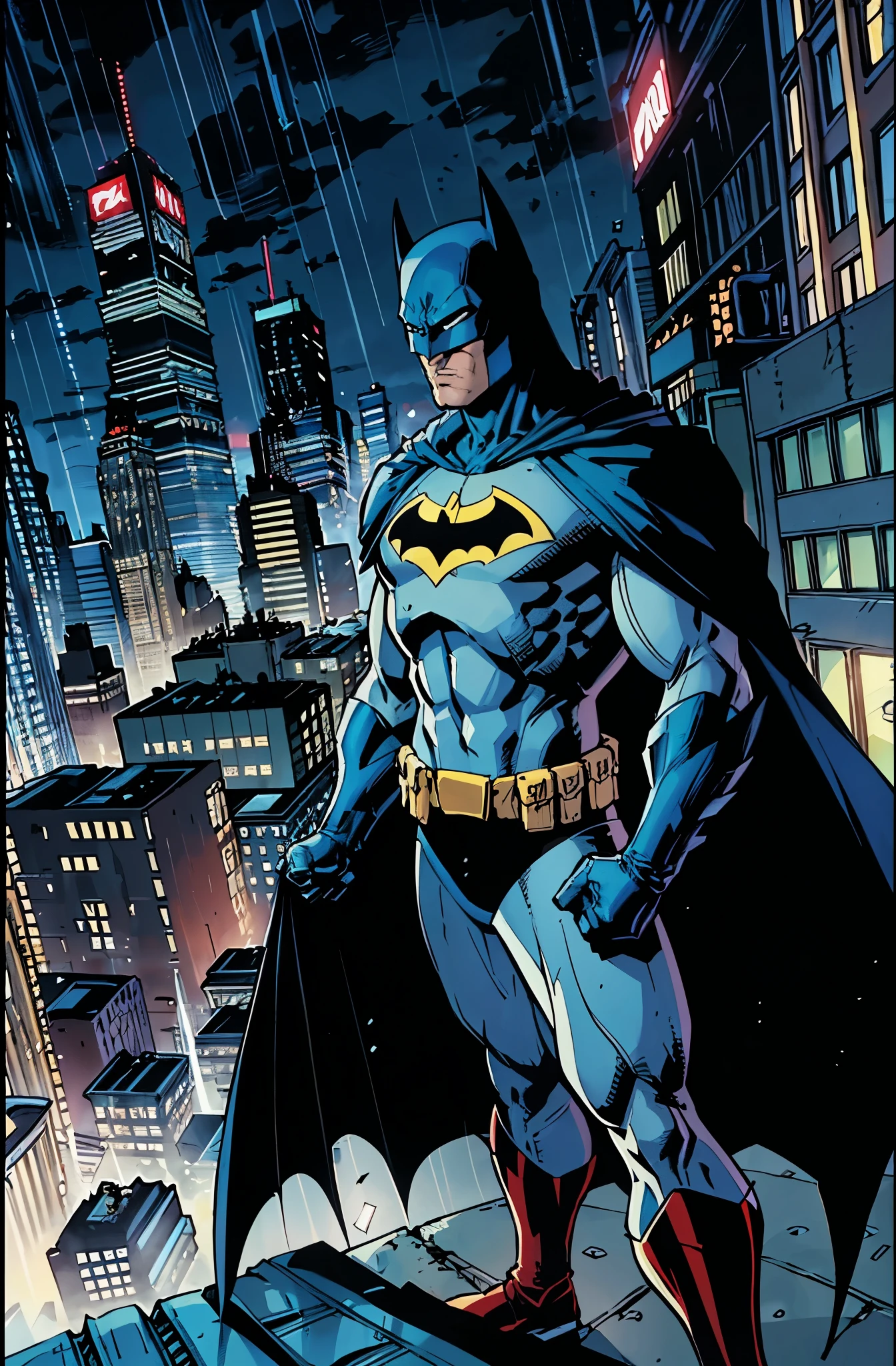 illustration, absurdres, masterpiece, 1boy, jim lee ,batman, standing, night, city, male focus,serious, on roof,cape,black armor, serious, cowboy shot, heavy downpour, floating cape,90s cartoons ,marvel comic，The background is New York City，Professional comic style, prominent contour lines