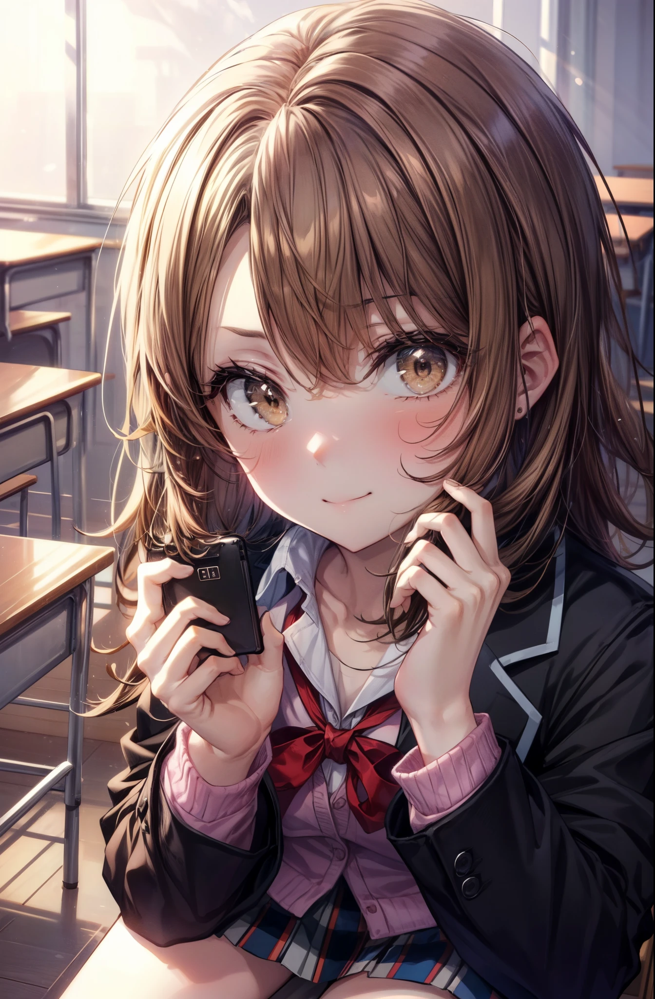 irohaisshiki, iroha isshiki, long hair, brown hair, (brown eyes:1.5), medium chest,smile,blush,taking a selfie,左手でyshirtを少し広げて胸の谷間を見せている,open your mouth,
break skirt, shirt,  school uniform, Jacket, white shirt, open clothes, socks, open Jacket, black Jacket, plaid, knee high, plaid skirt, blazer, black socks,soubu high school uniform,
break indoors, classroom,
break looking at viewer,
break (masterpiece:1.2), highest quality, High resolution, unity 8k wallpaper, (figure:0.8), (detailed and beautiful eyes:1.6), highly detailed face, perfect lighting, Very detailed CG, (perfect hands, perfect anatomy),