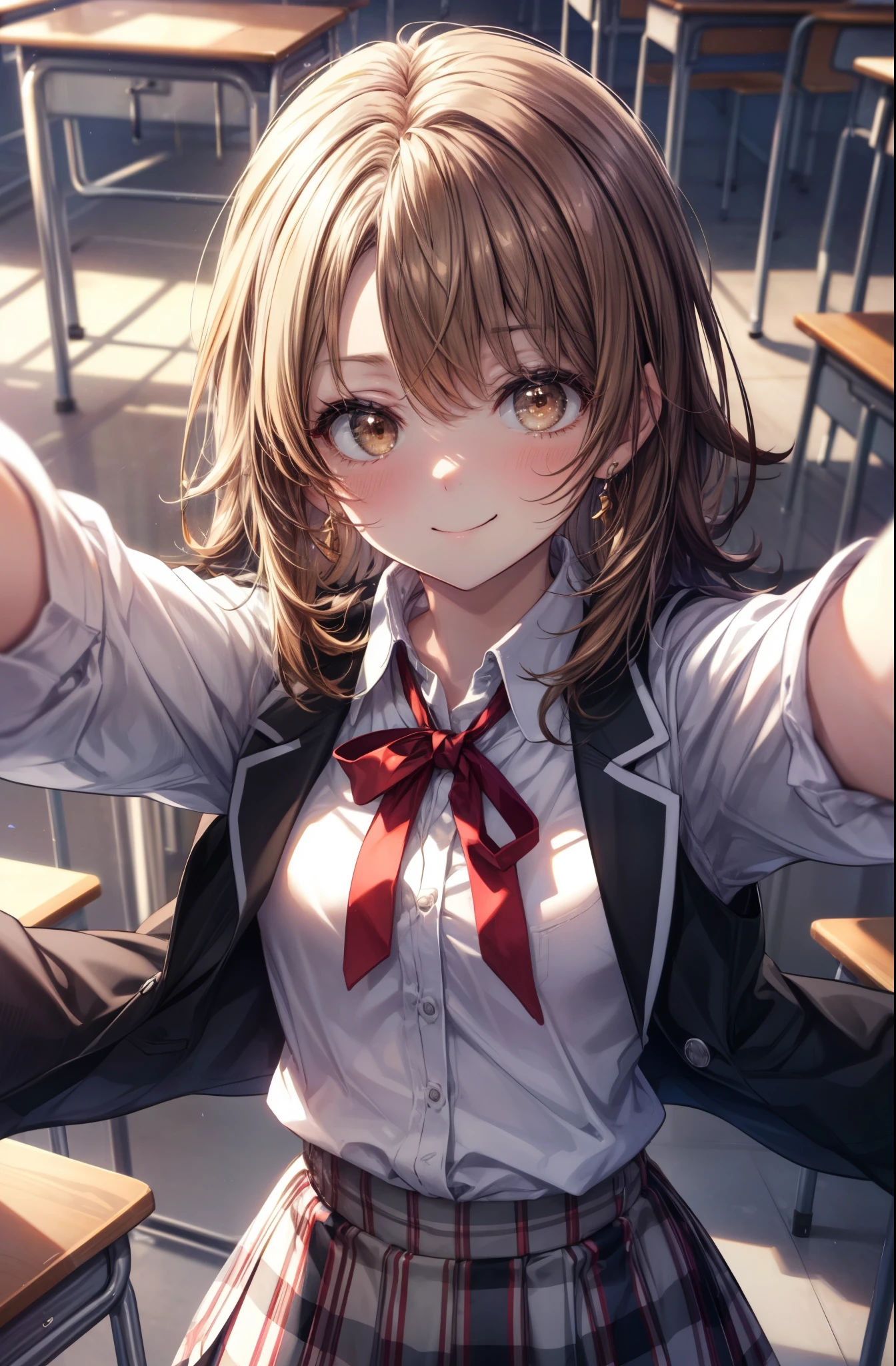 irohaisshiki, iroha isshiki, long hair, brown hair, (brown eyes:1.5), medium chest,smile,blush,taking a selfie,左手でyshirtを少し広げて胸の谷間を見せている,open your mouth,
break skirt, shirt,  school uniform, Jacket, white shirt, open clothes, socks, open Jacket, black Jacket, plaid, knee high, plaid skirt, blazer, black socks,soubu high school uniform,
break indoors, classroom,
break looking at viewer,
break (masterpiece:1.2), highest quality, High resolution, unity 8k wallpaper, (figure:0.8), (detailed and beautiful eyes:1.6), highly detailed face, perfect lighting, Very detailed CG, (perfect hands, perfect anatomy),