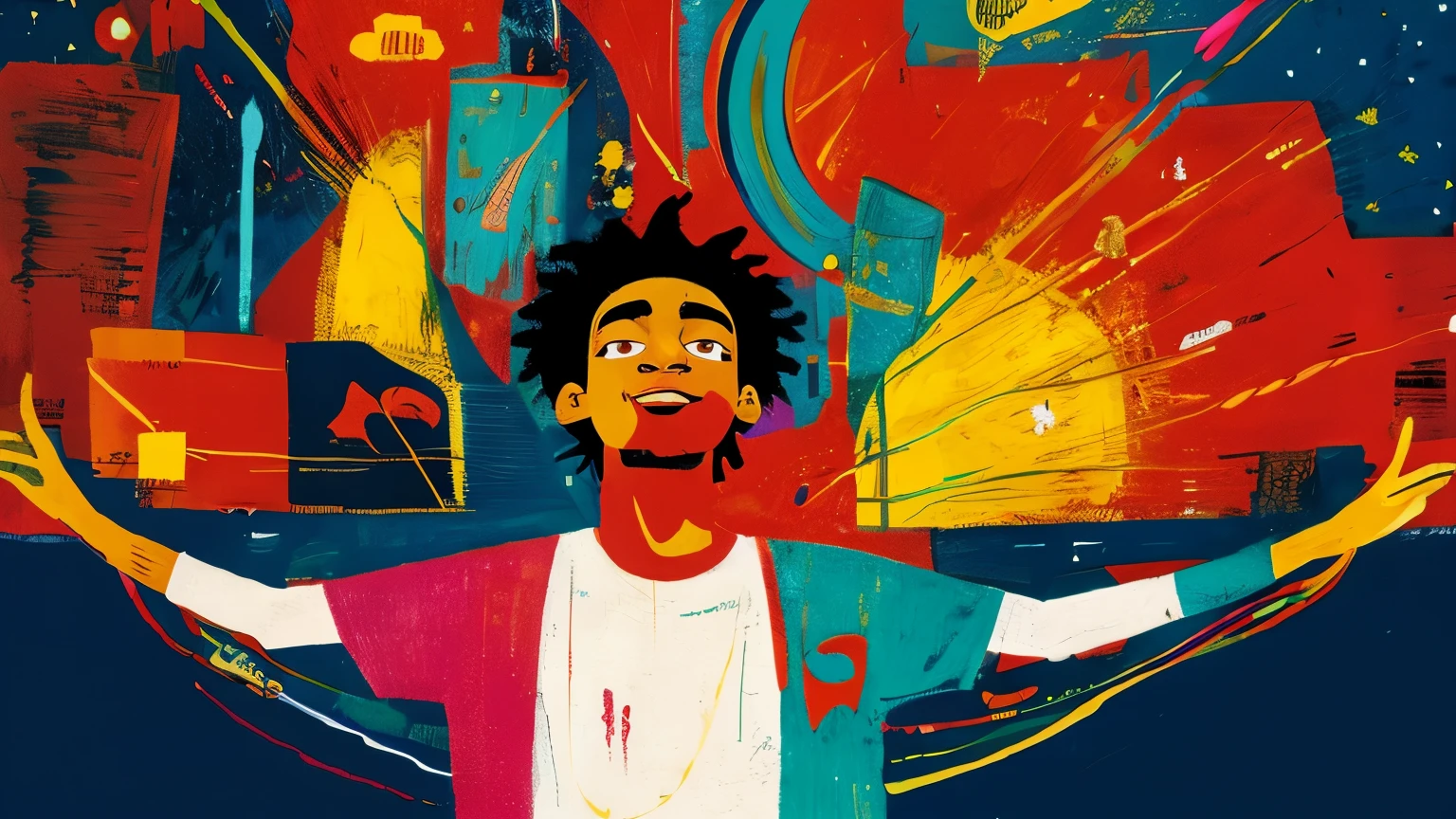 Create a piece of graphic art in the style of Jean-Michel Basquiat, depicting a delicate person discovering their inner self and living a vibrant life. Do not include any text in the image.