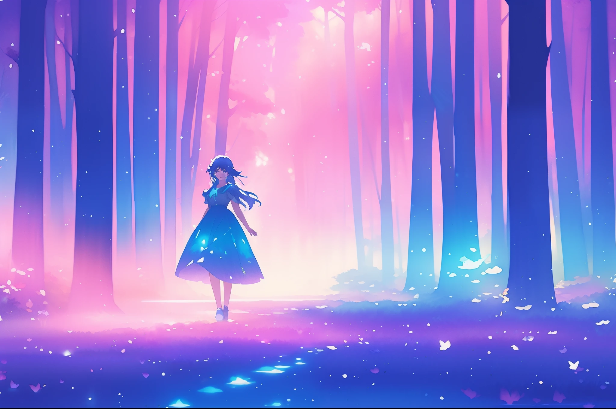 beautiful girl in a gradient blue dress walking through a magical forest, colorful fantasia forest landscape, magical, watercolor illustration, disney art style, glowing aura around her, glowing lights, beautiful digital illustration, fantasia otherworldly landscape plants flowers, beautiful, masterpiece, best quality, anime disney style