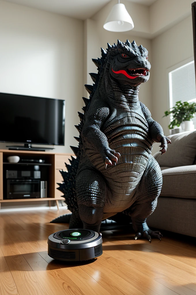 (best quality,4k,highres,masterpiece:1.2),ultra-detailed,(realistic,photorealistic:1.37),portrait,creature,godzilla,roaring,fierce,tiny,roomba,cleaning,living room,vibrant colors,playful lighting