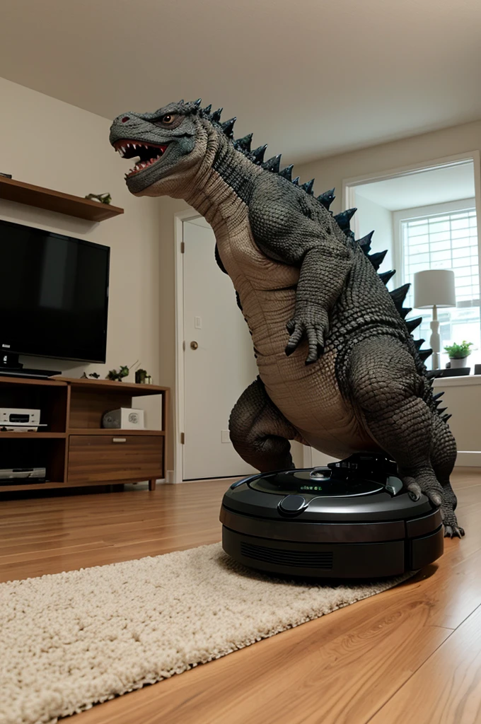 (best quality,4k,highres,masterpiece:1.2),ultra-detailed,(realistic,photorealistic:1.37),portrait,creature,godzilla,roaring,fierce,tiny,roomba,cleaning,living room,vibrant colors,playful lighting