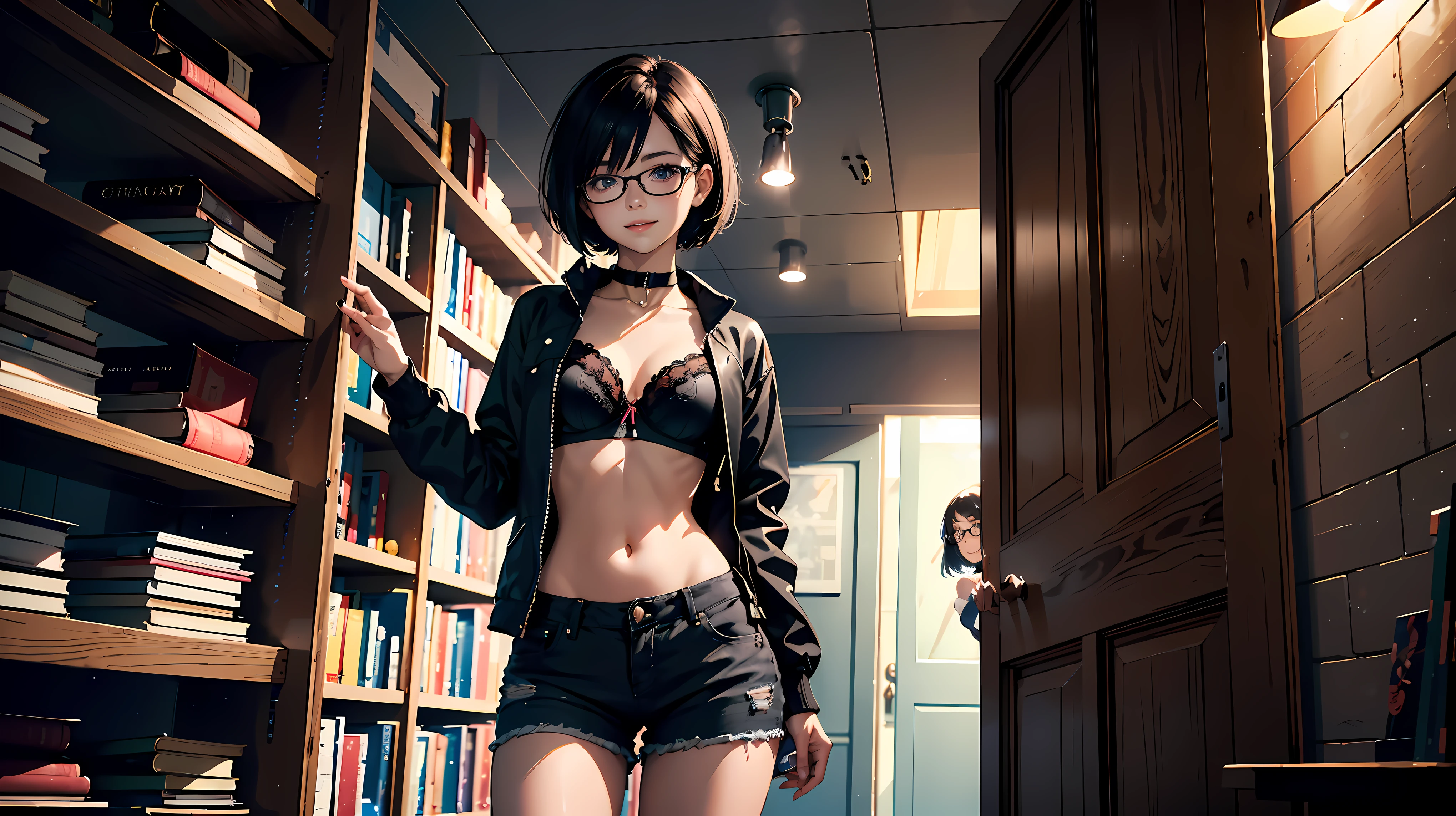 ((1girl)), 21 year old girl,
short black hair, big eyes, sweet smile, small breasts, thin hips,
glasses, choker collar, unzipped black jacket, black bra, jean shorts,
bookstore, bookcases, books,
standing in open door, raining outside,
dramatic lighting, cinematic lighting,