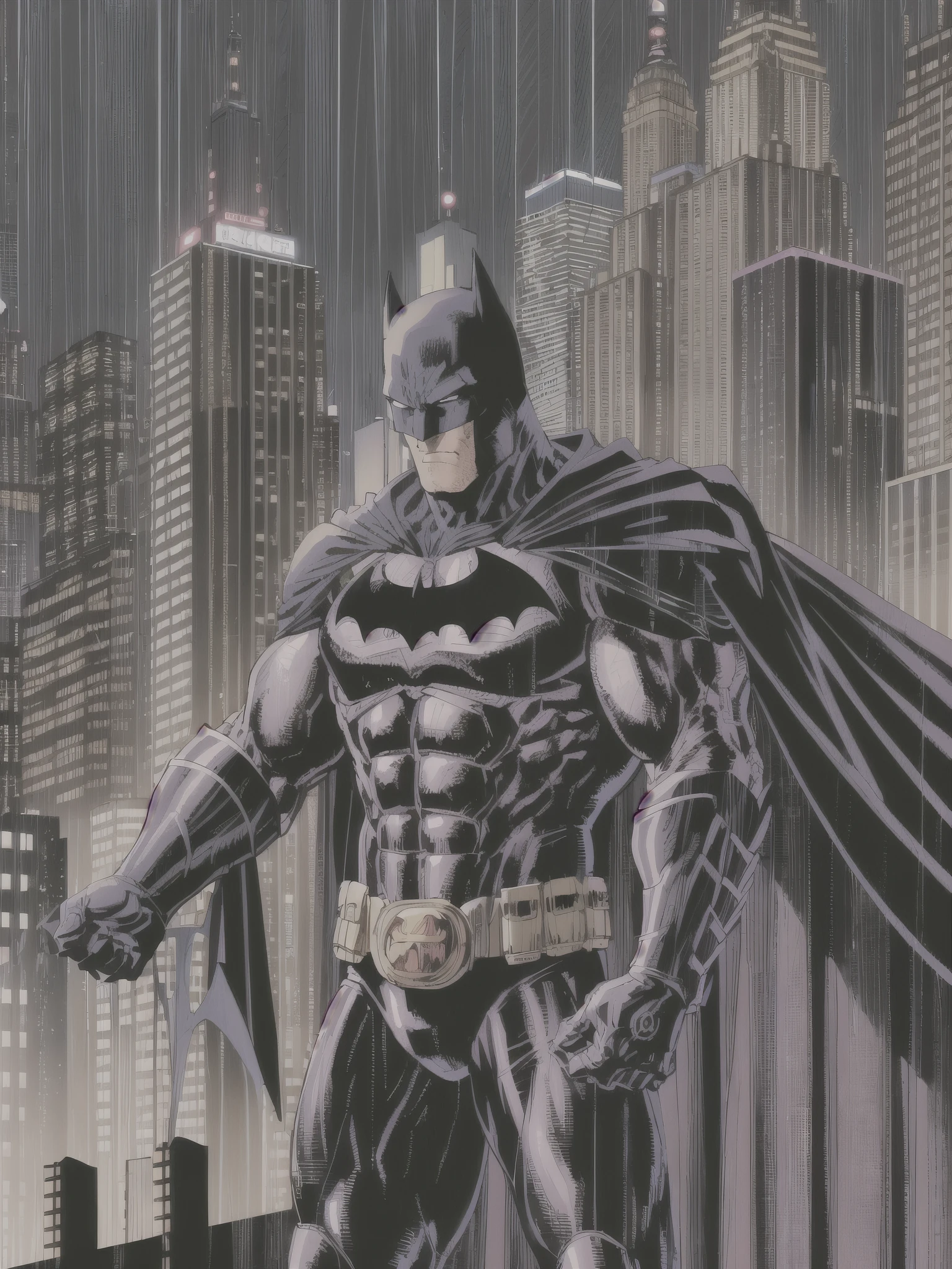 
illustration, absurdres, masterpiece, 1boy, jim lee ,batman, standing, night, city, male focus,serious, on roof,cape,black armor, serious, cowboy shot, heavy downpour, floating cape