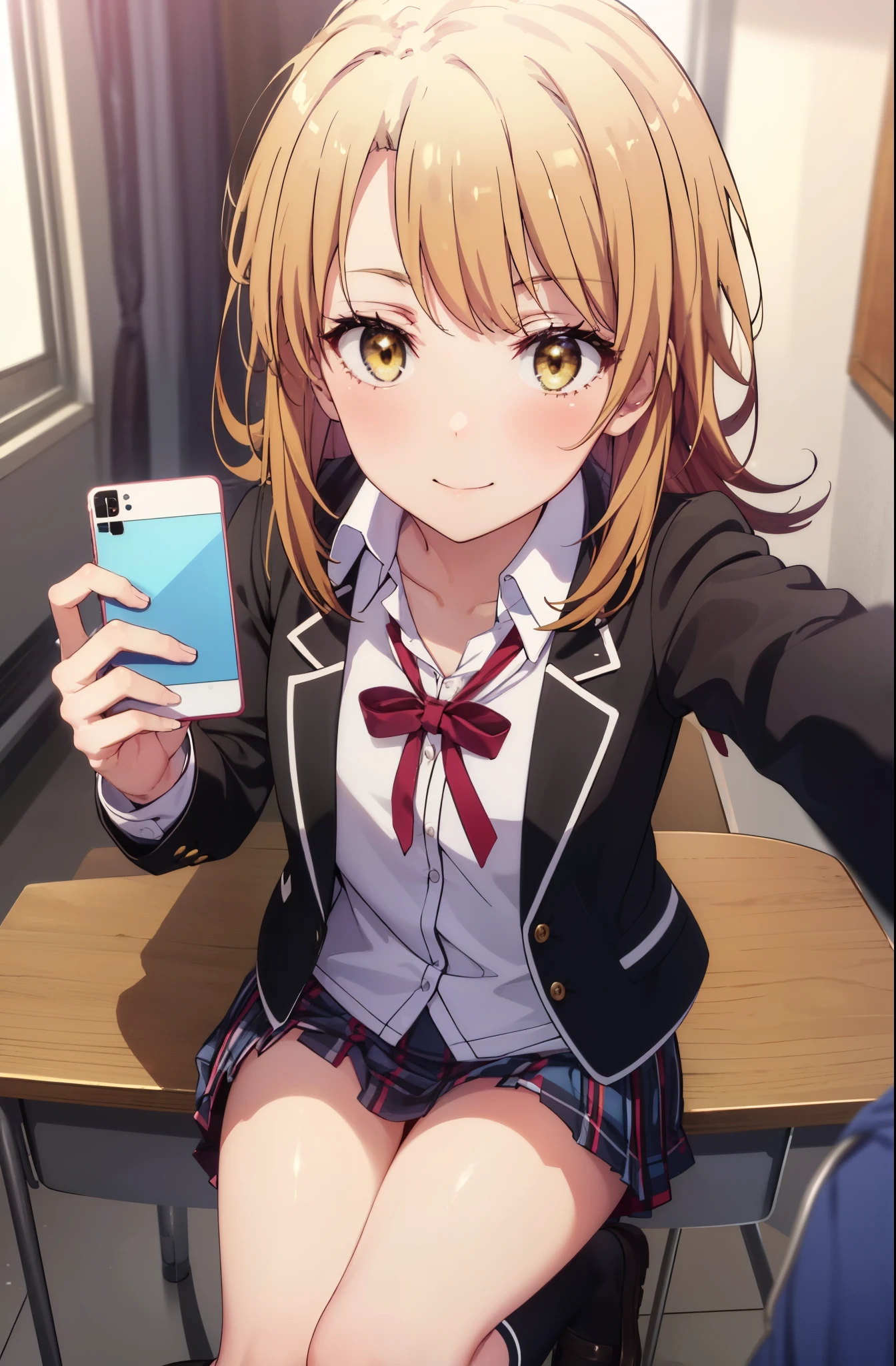 irohaisshiki, iroha isshiki, long hair, brown hair, (brown eyes:1.5), medium chest,smile,blush,taking a selfie,左手でyshirtを少し広げて胸の谷間を見せている,open your mouth,
break skirt, shirt,  school uniform, Jacket, white shirt, open clothes, socks, open Jacket, black Jacket, plaid, knee high, plaid skirt, blazer, black socks,soubu high school uniform,
break indoors, classroom,
break looking at viewer,
break (masterpiece:1.2), highest quality, High resolution, unity 8k wallpaper, (figure:0.8), (detailed and beautiful eyes:1.6), highly detailed face, perfect lighting, Very detailed CG, (perfect hands, perfect anatomy),