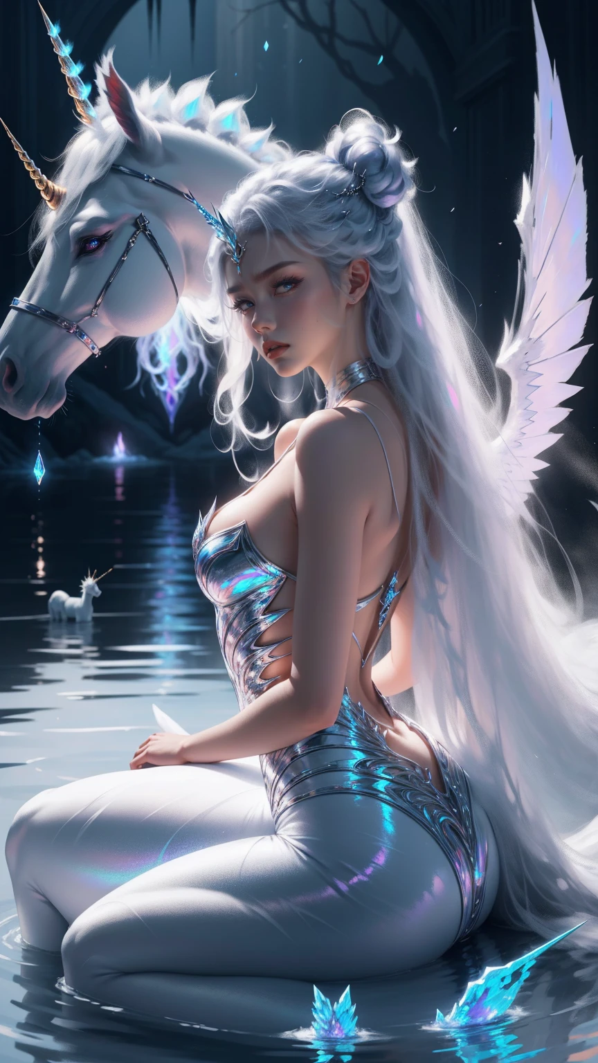 {-erro_de_anatomia:1.0} There is a white unicorn girl, blue mane and long mane, white unicorn, unicorn, unicorn horns, A unicorn, celestia, Nine stories, blue unicorn, soft dreamy, cinematic light《fangs》Unicorn in, mythological creatures, a mythical creature, Pokémon illustration, unicorns, a glaceon princess, white dress, opal eyes. Auroracore, ghostly iridescent, image good for rendering, sitting on the water, backwards, looking back. unicorn girl, full body.
